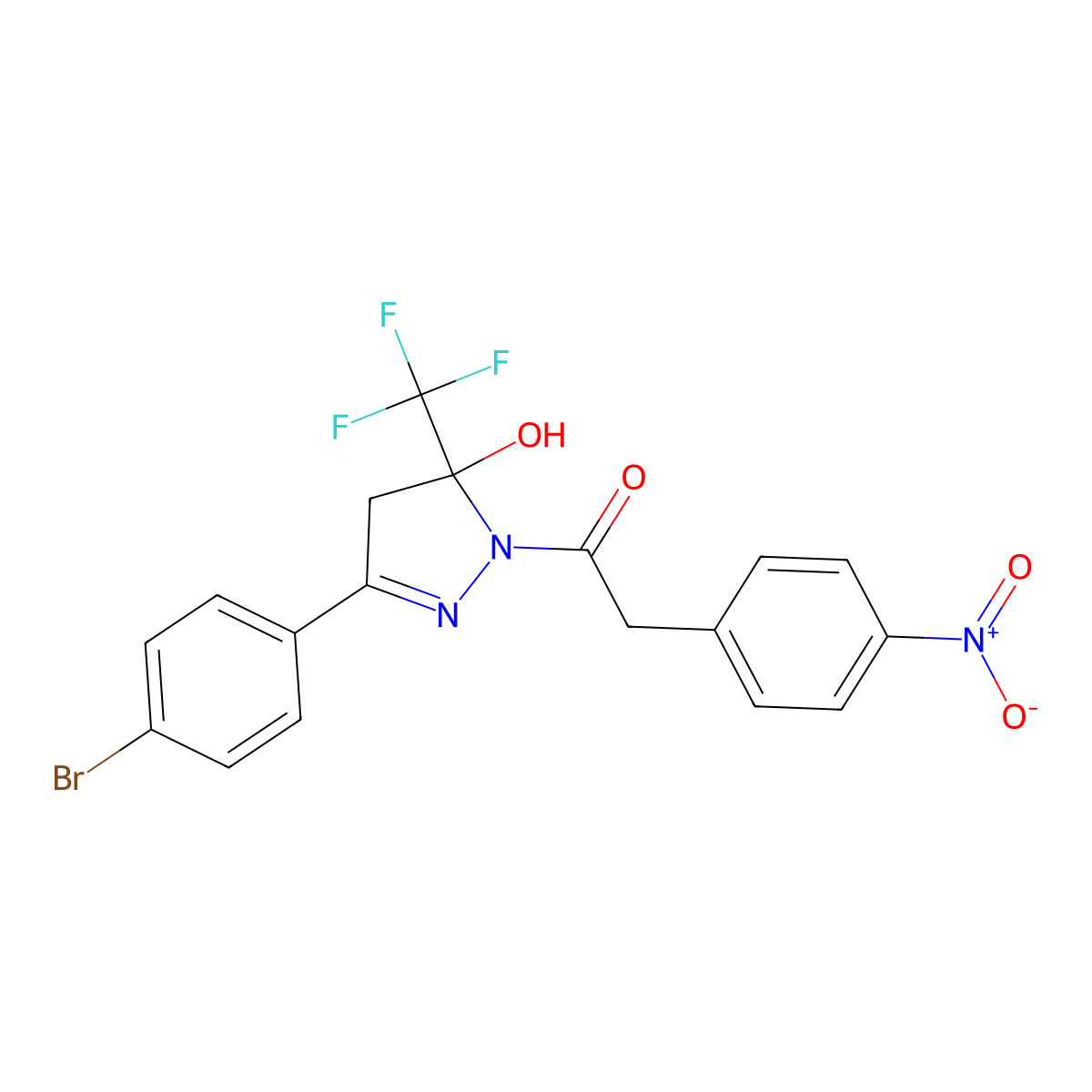 1-[3-(4-bromophenyl)-5-hydroxy-5-(trifluoromethyl)-4H-pyrazol-1-yl]-2-(4-nitrophenyl)ethanone molecular structure, CAS 6068-95-7