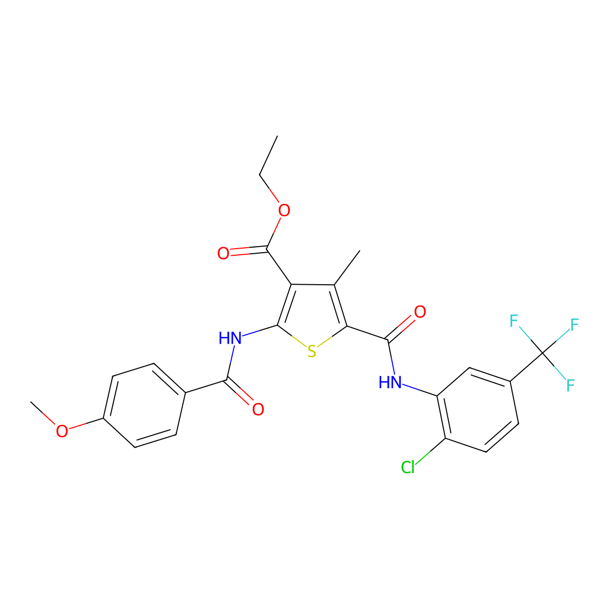 Ethyl 5-{[2-chloro-5-(trifluoromethyl)phenyl]carbamoyl}-2-(4-methoxybenzamido)-4-methylthiophene-3-carboxylate molecular structure, CAS 6069-01-8
