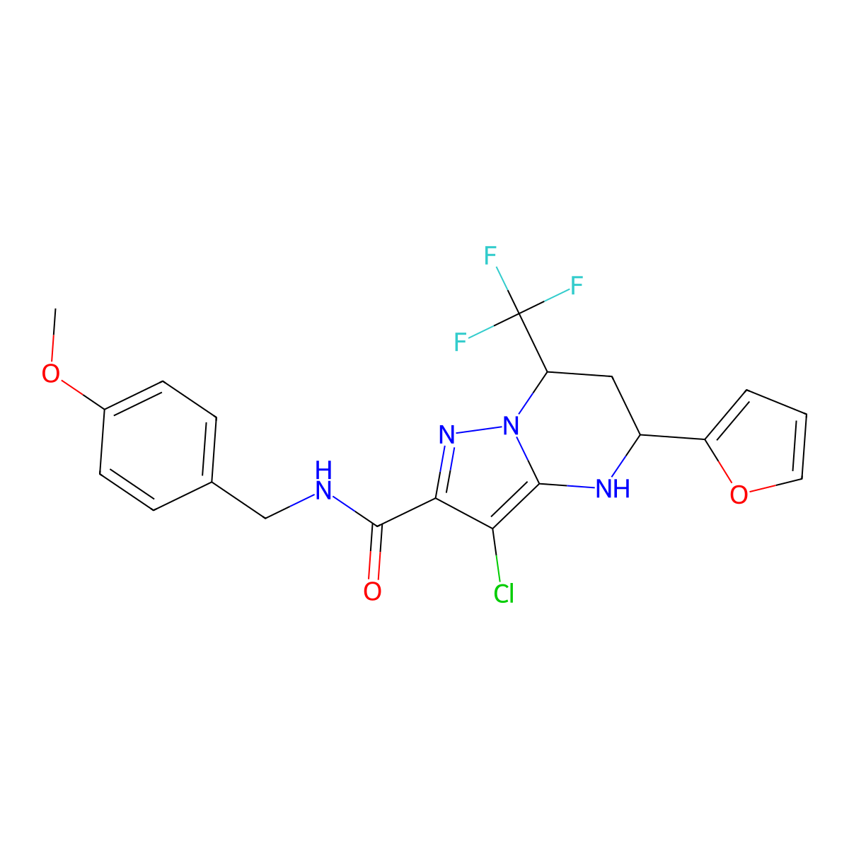 3-chloro-5-(furan-2-yl)-N-(4-methoxybenzyl)-7-(trifluoromethyl)-4,5,6,7-tetrahydropyrazolo[1,5-a]pyrimidine-2-carboxamide molecular structure, CAS 6069-43-8