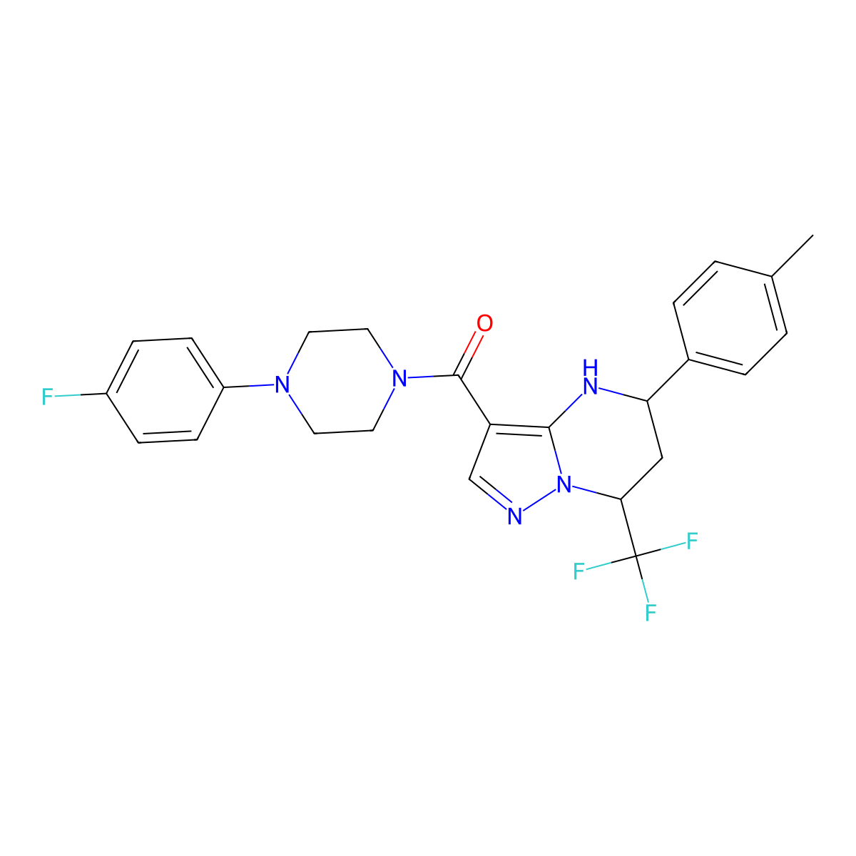 3-{[4-(4-Fluorophenyl)piperazin-1-yl]carbonyl}-5-(4-methylphenyl)-7-(trifluoromethyl)-4,5,6,7-tetrahydropyrazolo[1,5-a]pyrimidine molecular structure, CAS 6069-97-2