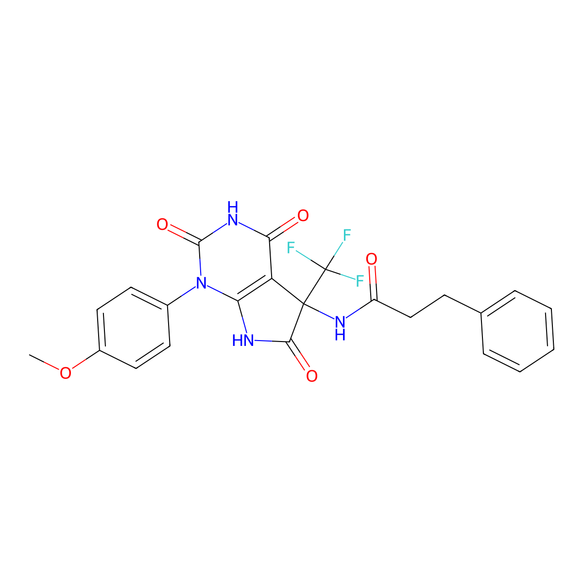 N-[1-(4-methoxyphenyl)-2,4,6-trioxo-5-(trifluoromethyl)-7H-pyrrolo[2,3-d]pyrimidin-5-yl]-3-phenylpropanamide molecular structure, CAS 606923-67-5