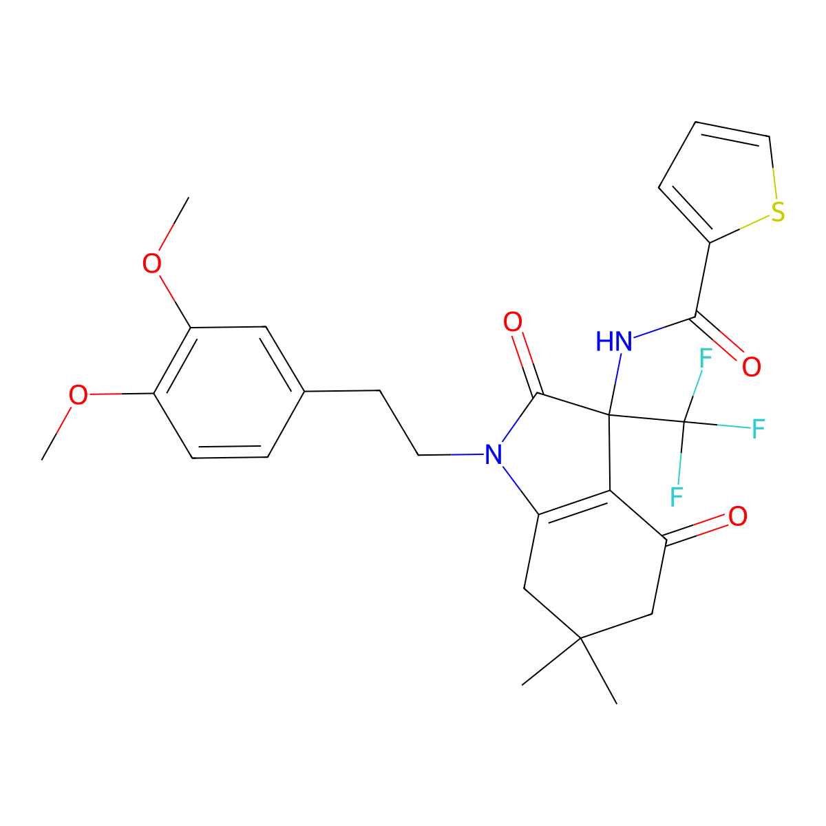 N-[1-[2-(3,4-dimethoxyphenyl)ethyl]-6,6-dimethyl-2,4-dioxo-3-(trifluoromethyl)-5,7-dihydroindol-3-yl]thiophene-2-carboxamide molecular structure, CAS 606924-22-5