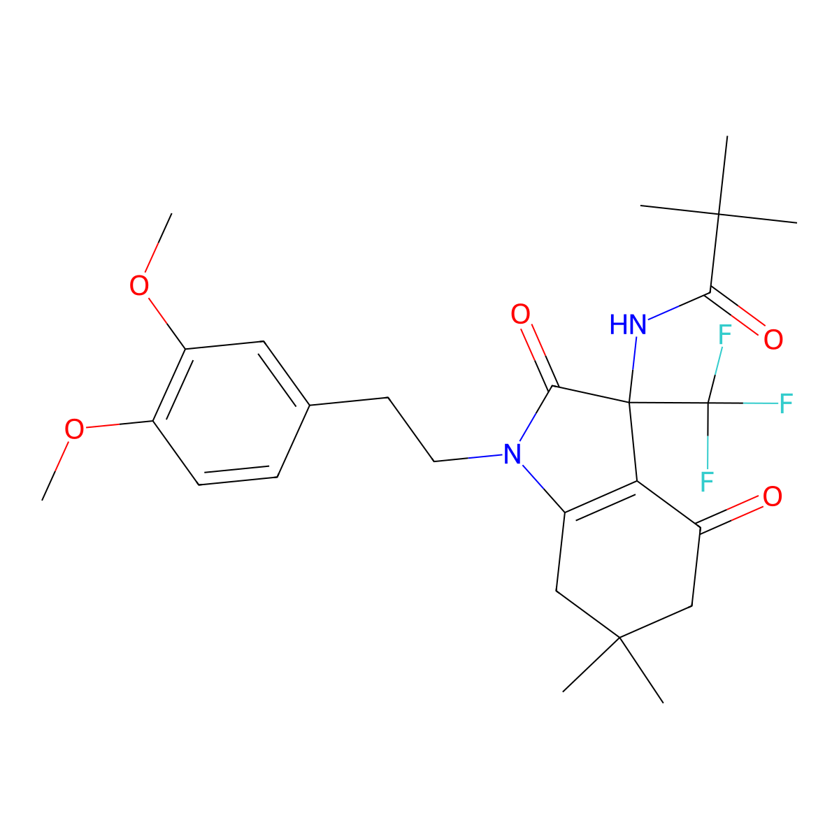 N-[1-[2-(3,4-dimethoxyphenyl)ethyl]-6,6-dimethyl-2,4-dioxo-3-(trifluoromethyl)-5,7-dihydroindol-3-yl]-2,2-dimethylpropanamide molecular structure, CAS 606924-26-9