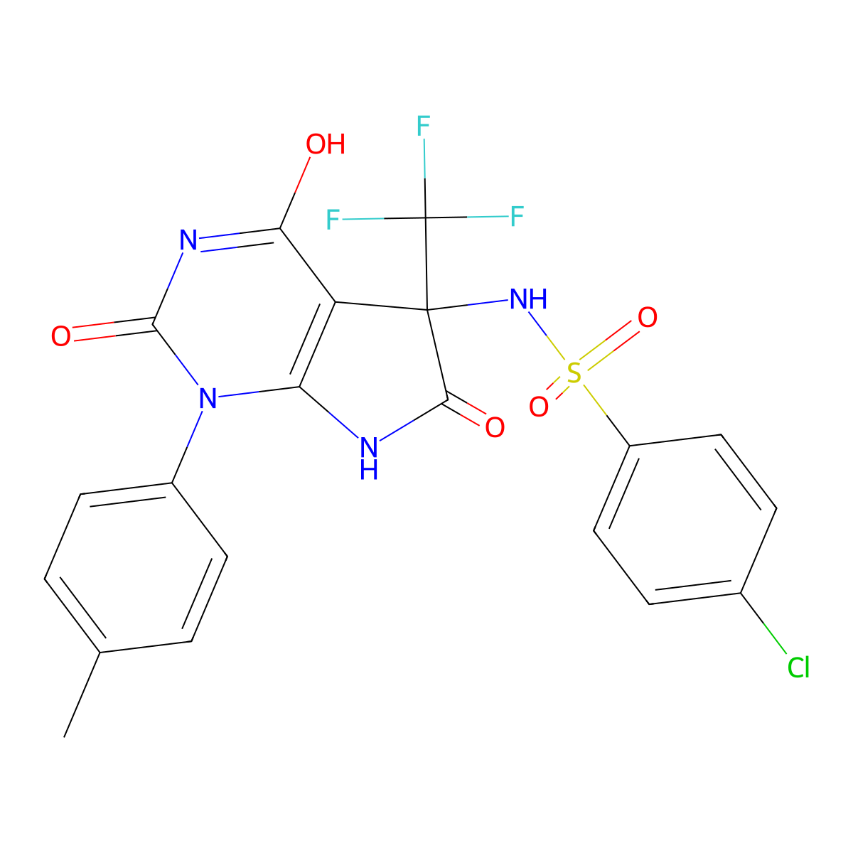 4-chloro-N-[1-(4-methylphenyl)-2,4,6-trioxo-5-(trifluoromethyl)-7H-pyrrolo[2,3-d]pyrimidin-5-yl]benzenesulfonamide molecular structure, CAS 606924-48-5