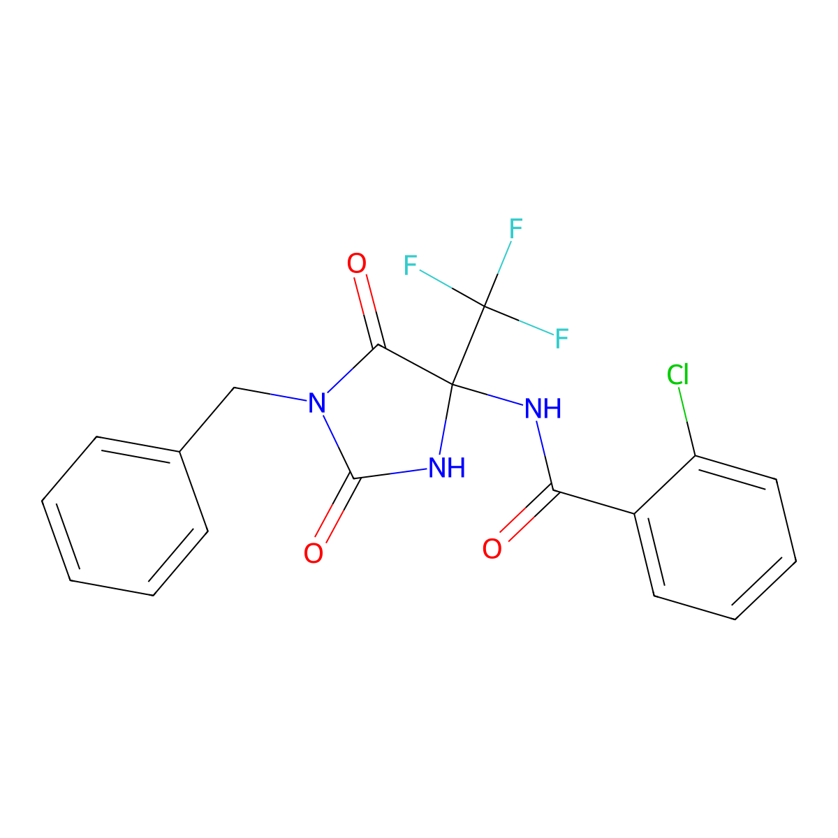 N-[1-benzyl-2,5-dioxo-4-(trifluoromethyl)imidazolidin-4-yl]-2-chlorobenzamide molecular structure, CAS 606924-57-6