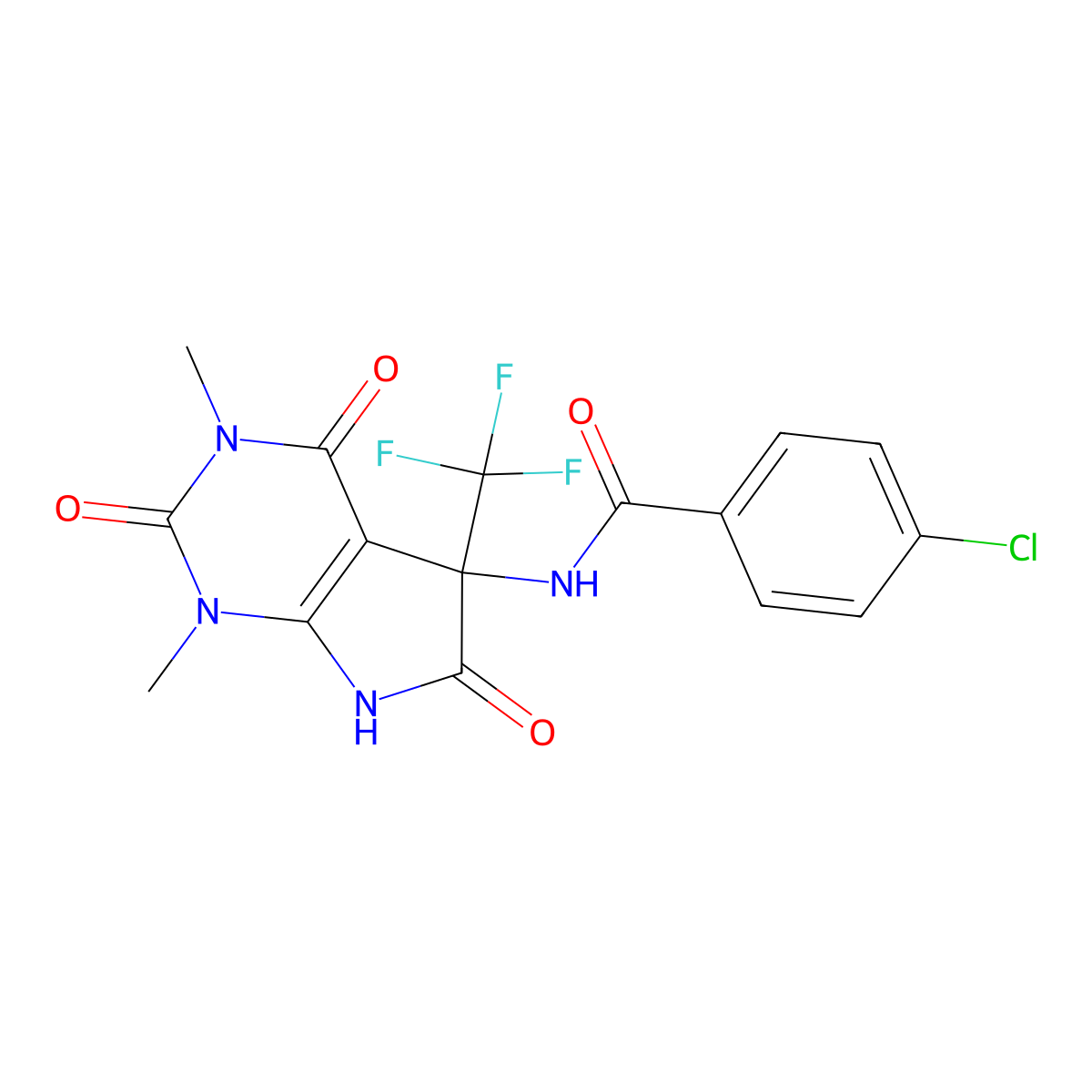 4-chloro-N-[1,3-dimethyl-2,4,6-trioxo-5-(trifluoromethyl)-7H-pyrrolo[2,3-d]pyrimidin-5-yl]benzamide molecular structure, CAS 606924-73-6