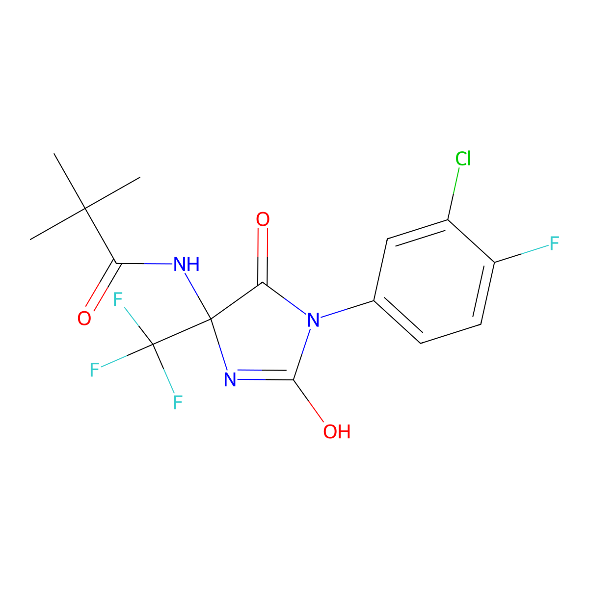N-[1-(3-chloro-4-fluorophenyl)-2,5-dioxo-4-(trifluoromethyl)imidazolidin-4-yl]-2,2-dimethylpropanamide molecular structure, CAS 606924-83-8