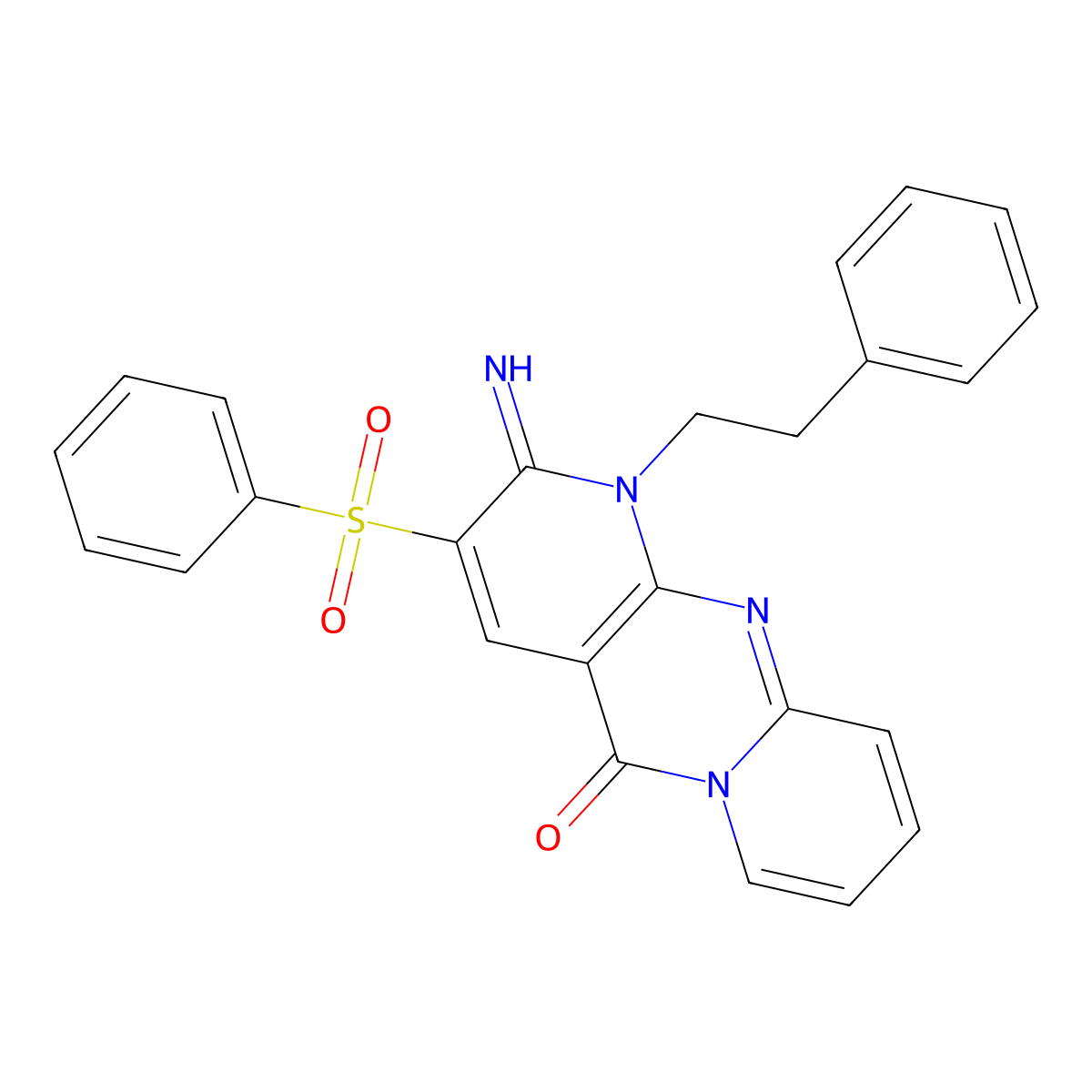 2-imino-1-(2-phenylethyl)-3-(phenylsulfonyl)-1,2-dihydro-5H-dipyrido[1,2-a:2',3'-d]pyrimidin-5-one molecular structure, CAS 606948-71-4