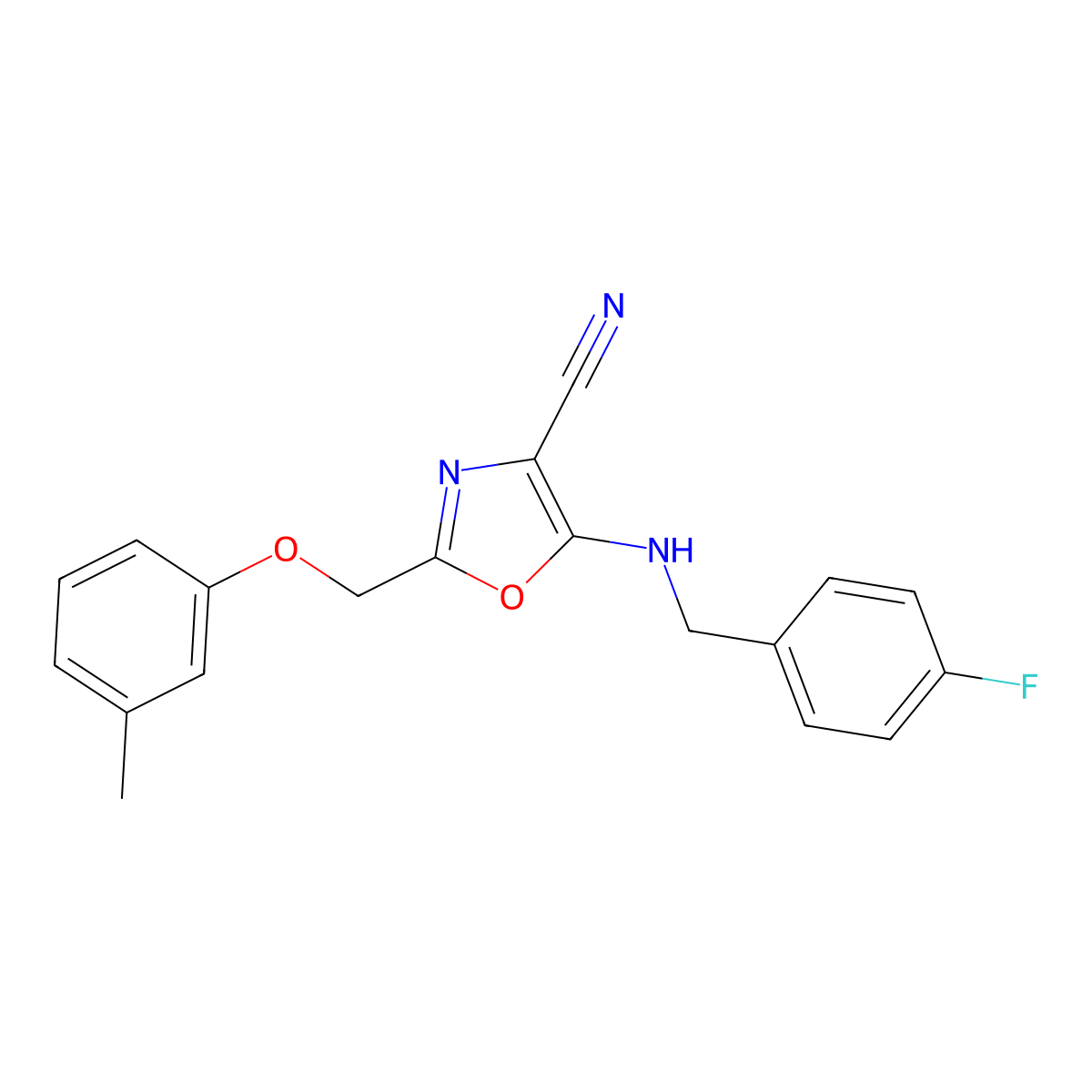 5-((4-Fluorobenzyl)amino)-2-((m-tolyloxy)methyl)oxazole-4-carbonitrile molecular structure, CAS 606948-76-9