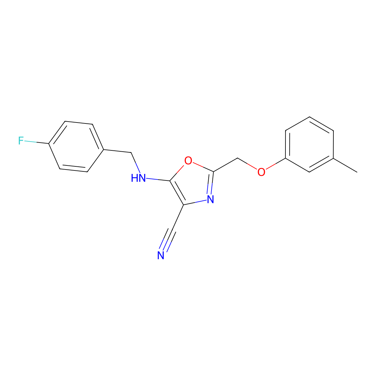 5-((4-Fluorobenzyl)amino)-2-((m-tolyloxy)methyl)oxazole-4-carbonitrile molecular structure, CAS 606948-76-9