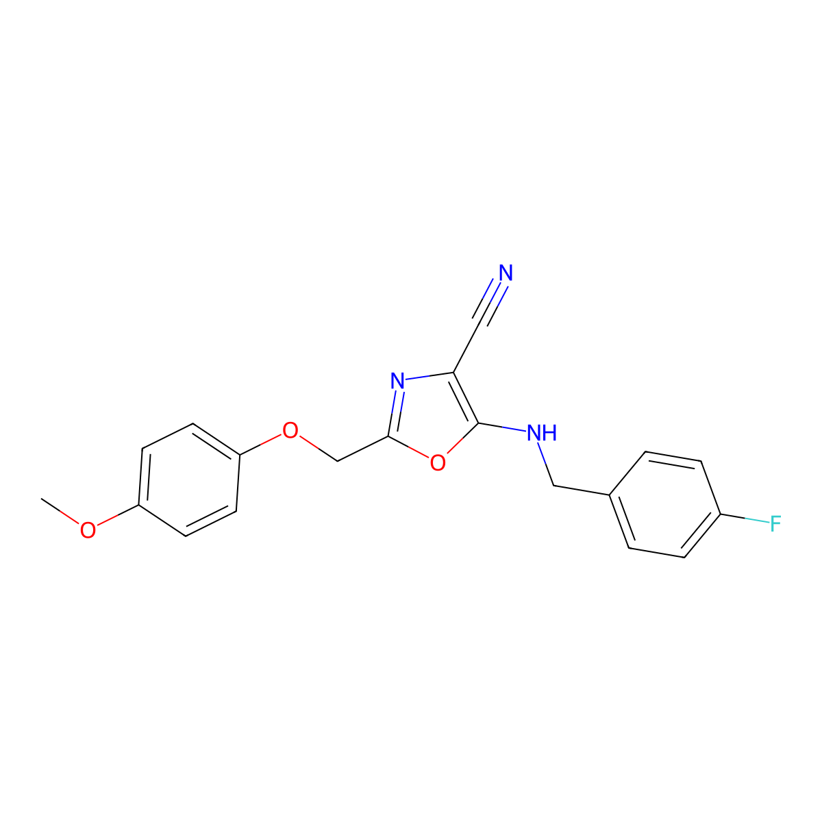 5-[(4-Fluorobenzyl)amino]-2-[(4-methoxyphenoxy)methyl]-1,3-oxazole-4-carbonitrile molecular structure, CAS 606949-01-3