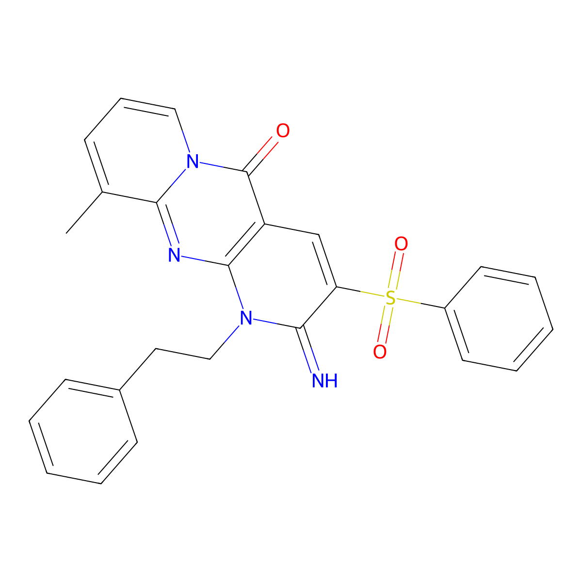 2-imino-10-methyl-1-(2-phenylethyl)-3-(phenylsulfonyl)-1,2-dihydro-5H-dipyrido[1,2-a:2',3'-d]pyrimidin-5-one molecular structure, CAS 606949-17-1