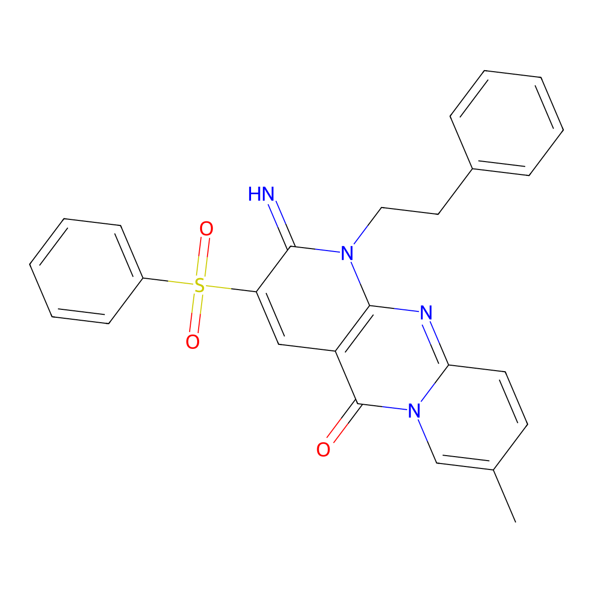 2-imino-8-methyl-1-(2-phenylethyl)-3-(phenylsulfonyl)-1,2-dihydro-5H-dipyrido[1,2-a:2',3'-d]pyrimidin-5-one molecular structure, CAS 606949-55-7