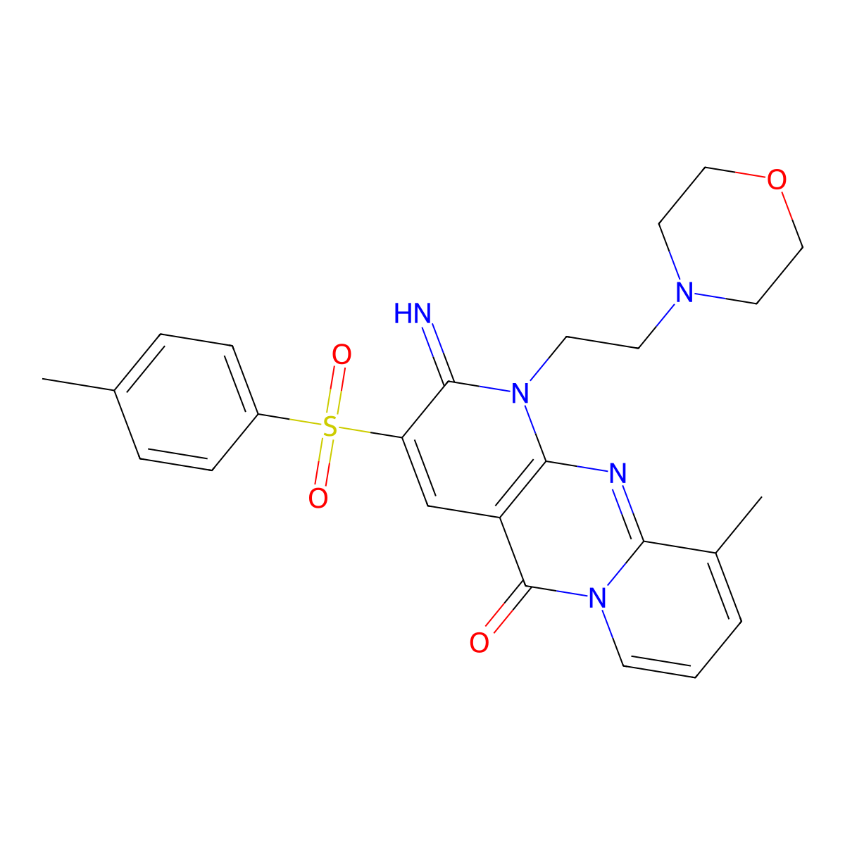2-Imino-10-methyl-3-[(4-methylphenyl)sulfonyl]-1-[2-(4-morpholinyl)ethyl]-1,2-dihydro-5H-dipyrido[1,2-A:2,3-D]pyrimidin-5-one molecular structure, CAS 606950-01-0