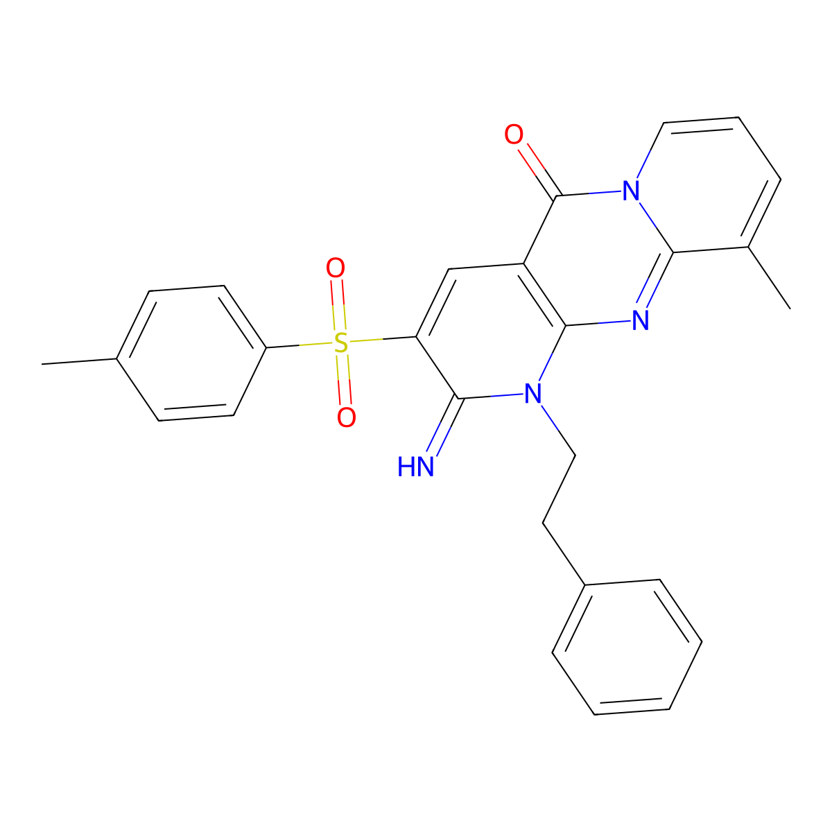 2-imino-10-methyl-3-[(4-methylphenyl)sulfonyl]-1-(2-phenylethyl)-1,2-dihydro-5H-dipyrido[1,2-a:2',3'-d]pyrimidin-5-one molecular structure, CAS 606950-22-5