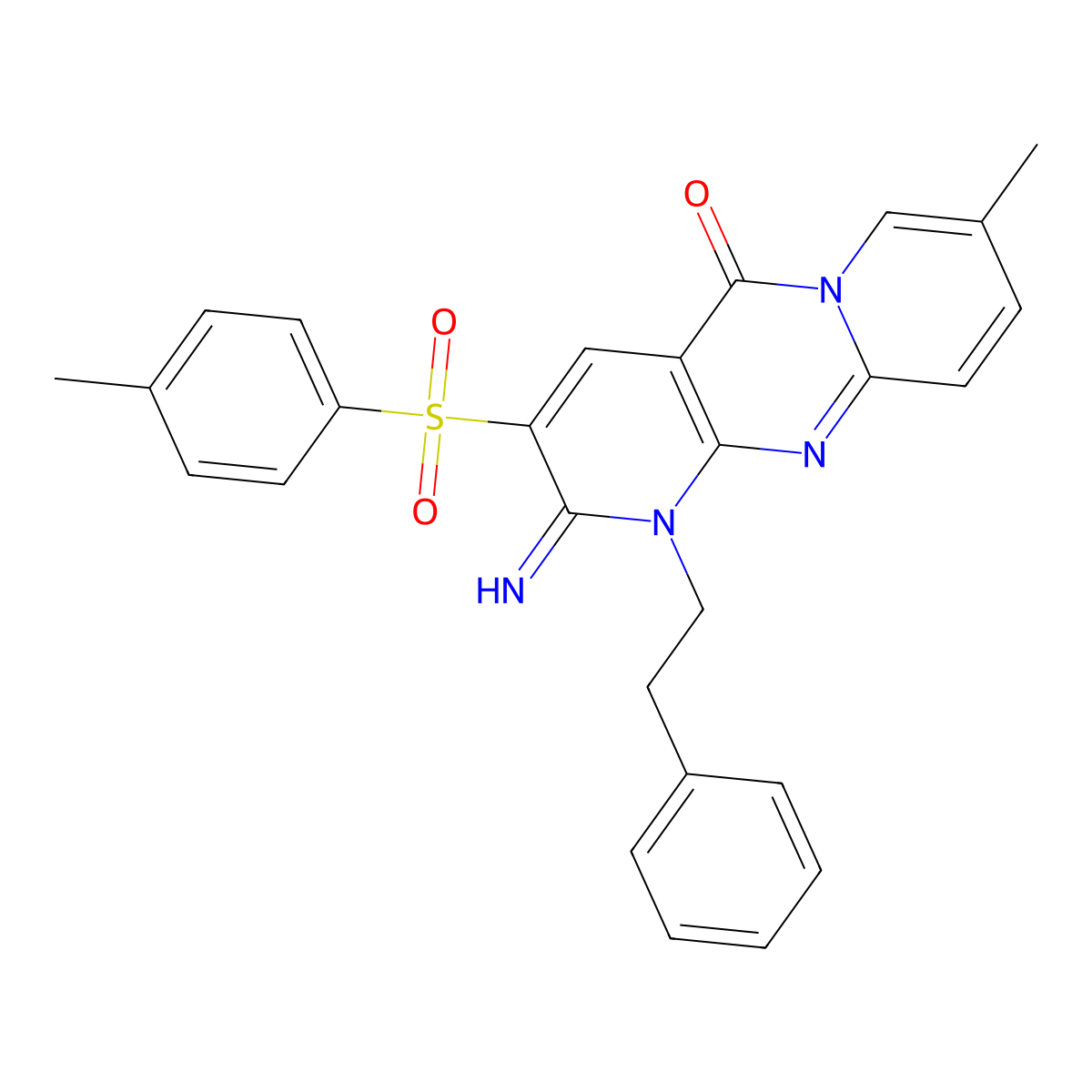 2-imino-8-methyl-3-[(4-methylphenyl)sulfonyl]-1-(2-phenylethyl)-1,2-dihydro-5H-dipyrido[1,2-a:2',3'-d]pyrimidin-5-one molecular structure, CAS 606950-52-1