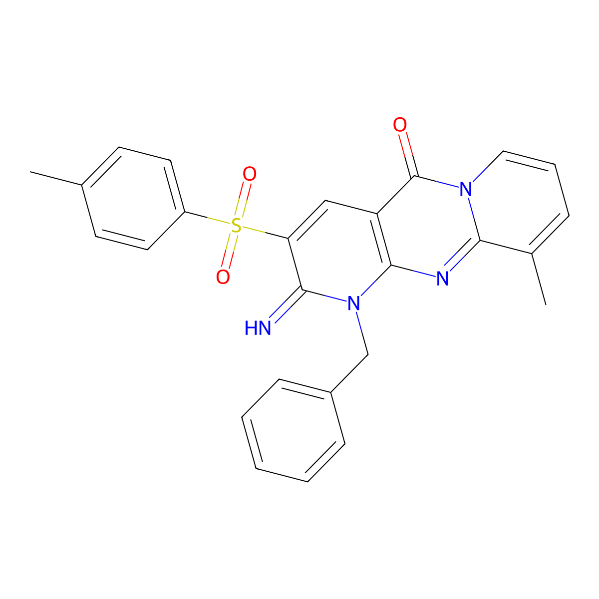 1-Benzyl-2-imino-10-methyl-3-((4-methylphenyl)sulfonyl)-1,2-dihydro-5H-dipyrido(1,2-A:2,3-D)pyrimidin-5-one molecular structure, CAS 606951-19-3