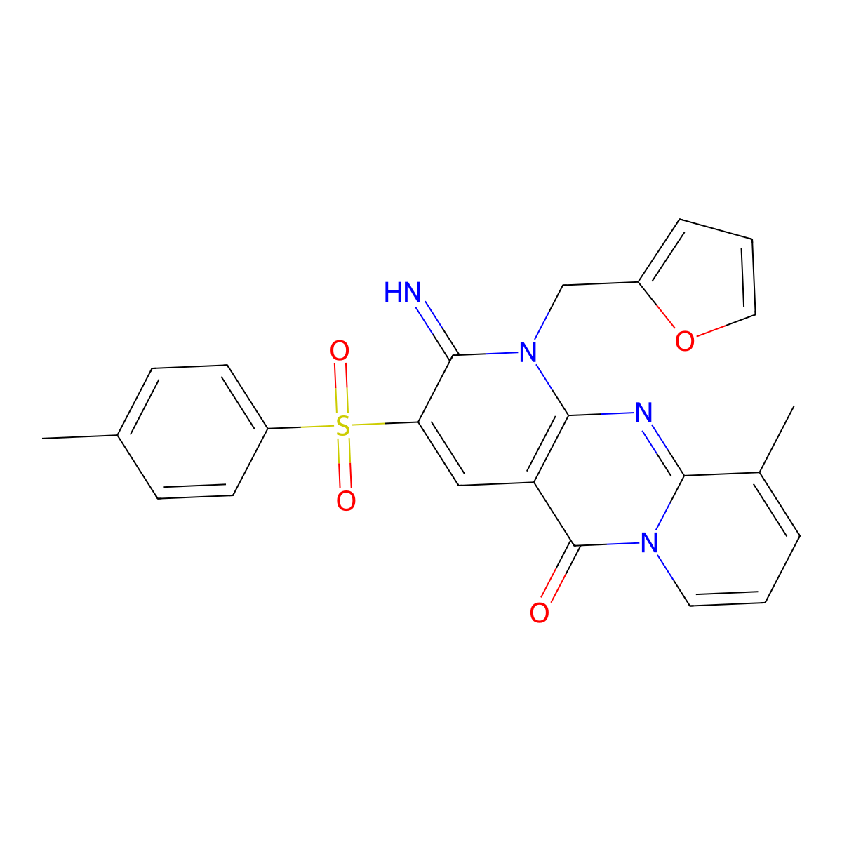 1-Furan-2-ylmethyl-2-imino-8-methyl-3-(toluene-4-sulfonyl)-1,2-dihydro-1,9,10a-triaza-anthracen-10-on e molecular structure, CAS 606952-45-8