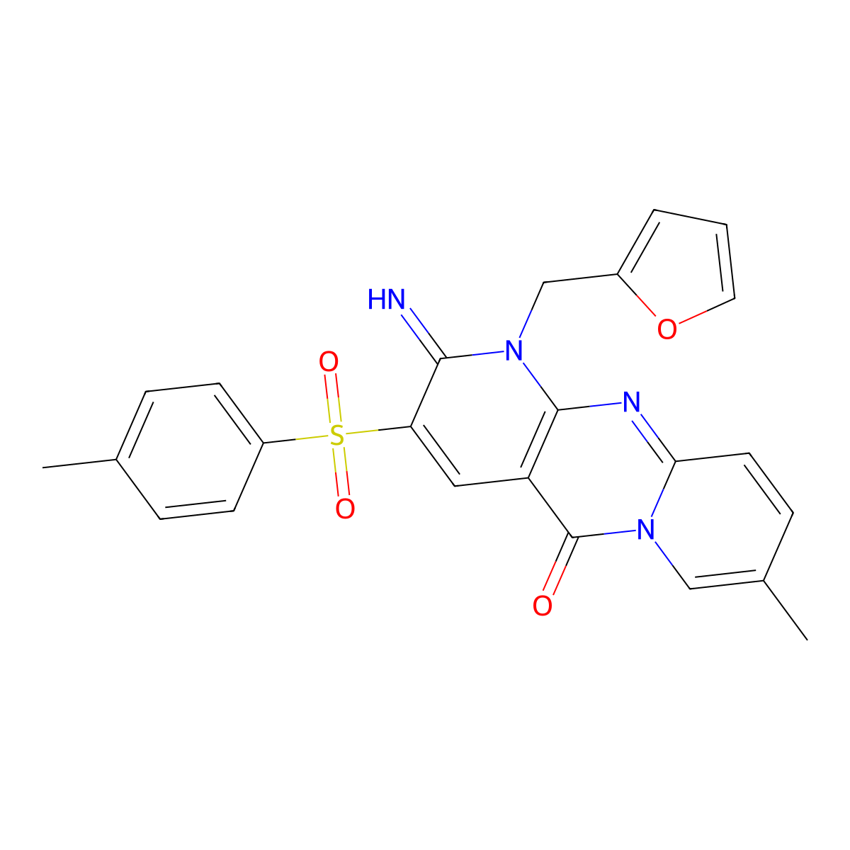 1-(2-Furylmethyl)-2-imino-8-methyl-3-((4-methylphenyl)sulfonyl)-1,2-dihydro-5H-dipyrido(1,2-A:2,3-D)pyrimidin-5-one molecular structure, CAS 606952-71-0