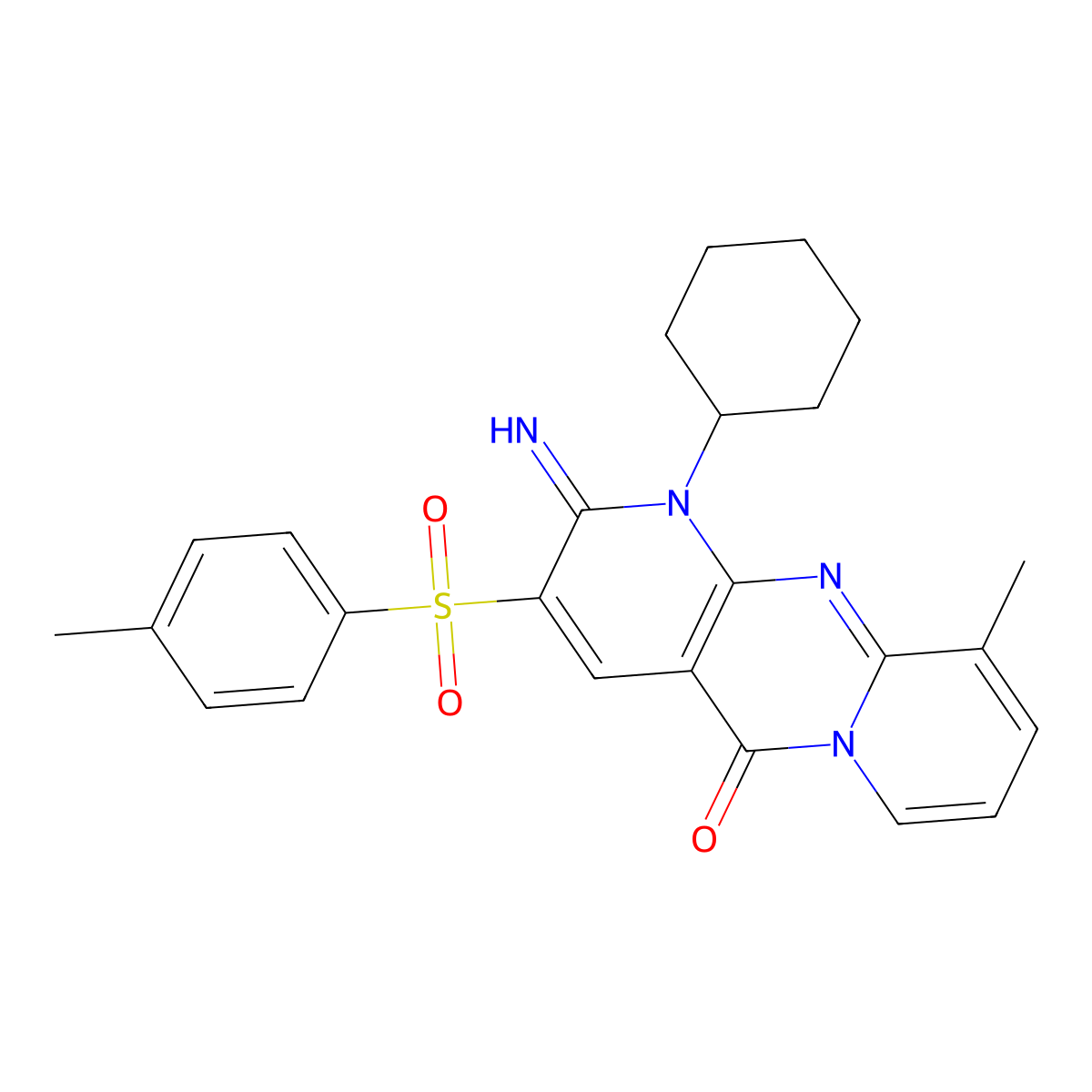 1-Cyclohexyl-2-imino-10-methyl-3-((4-methylphenyl)sulfonyl)-1,2-dihydro-5H-dipyrido(1,2-A:2,3-D)pyrimidin-5-one molecular structure, CAS 606953-12-2