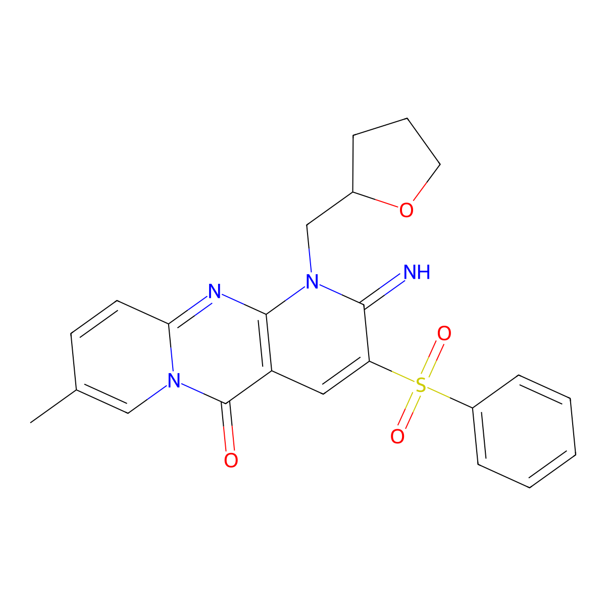 2-imino-8-methyl-3-(phenylsulfonyl)-1-(tetrahydro-2-furanylmethyl)-1,2-dihydro-5H-dipyrido[1,2-a:2,3-d]pyrimidin-5-one molecular structure, CAS 606954-49-8