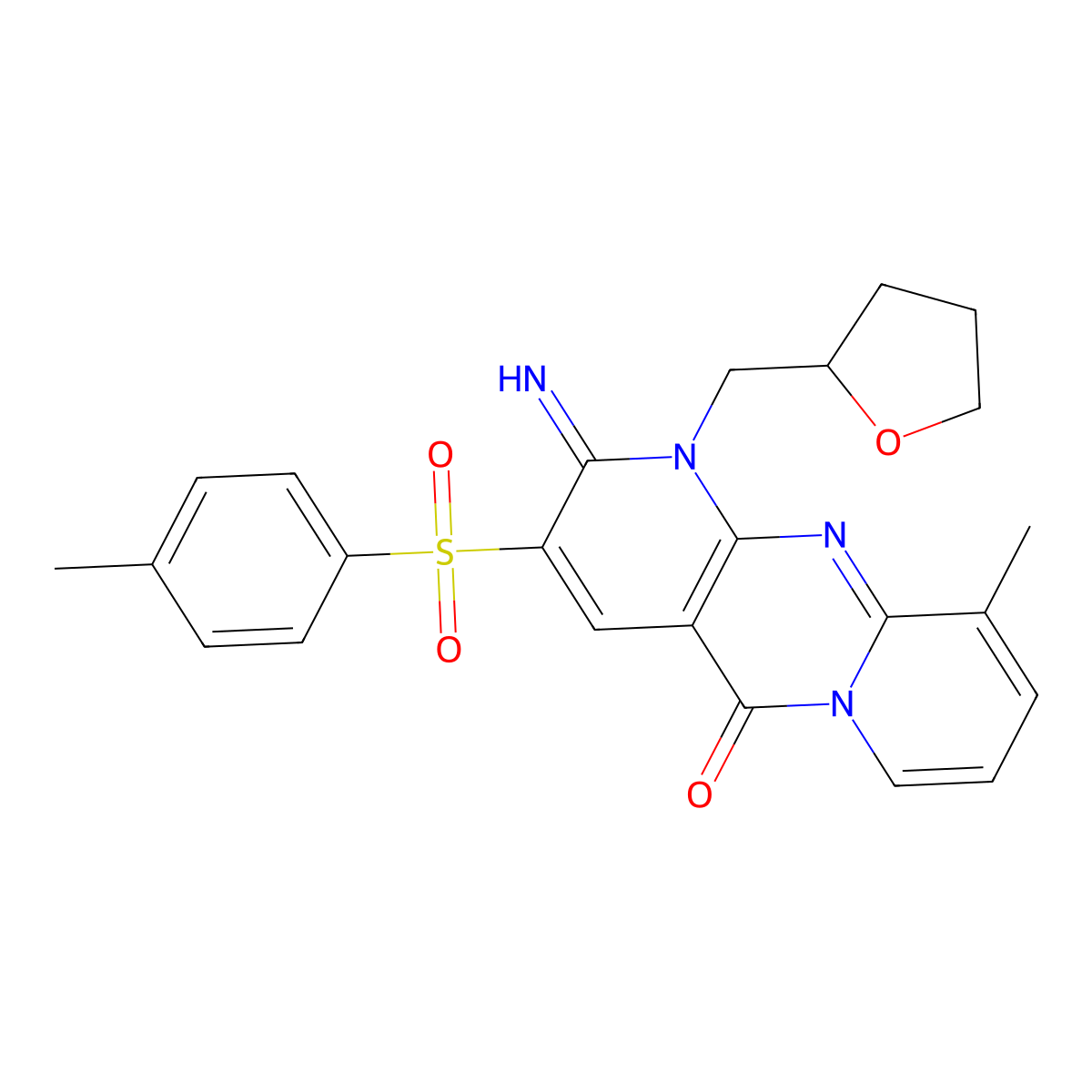 2-imino-10-methyl-3-[(4-methylphenyl)sulfonyl]-1-(tetrahydrofuran-2-ylmethyl)-1,2-dihydro-5H-dipyrido[1,2-a:2',3'-d]pyrimidin-5-one molecular structure, CAS 606955-26-4