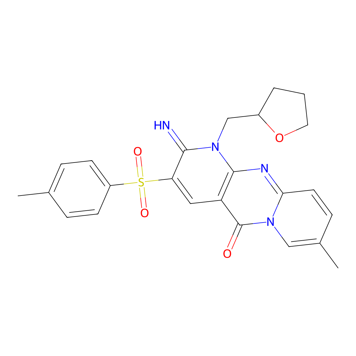 2-imino-8-methyl-3-[(4-methylphenyl)sulfonyl]-1-(tetrahydrofuran-2-ylmethyl)-1,2-dihydro-5H-dipyrido[1,2-a:2',3'-d]pyrimidin-5-one molecular structure, CAS 606955-63-9