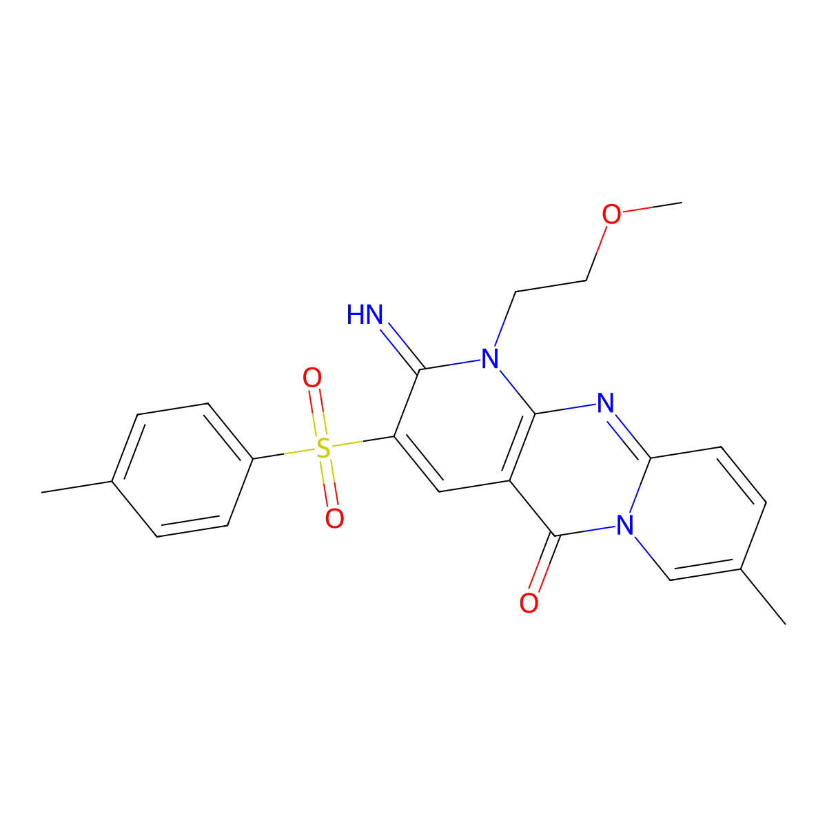 2-imino-1-(2-methoxyethyl)-8-methyl-3-tosyl-1H-dipyrido[1,2-a:2',3'-d]pyrimidin-5(2H)-one molecular structure, CAS 606957-56-6