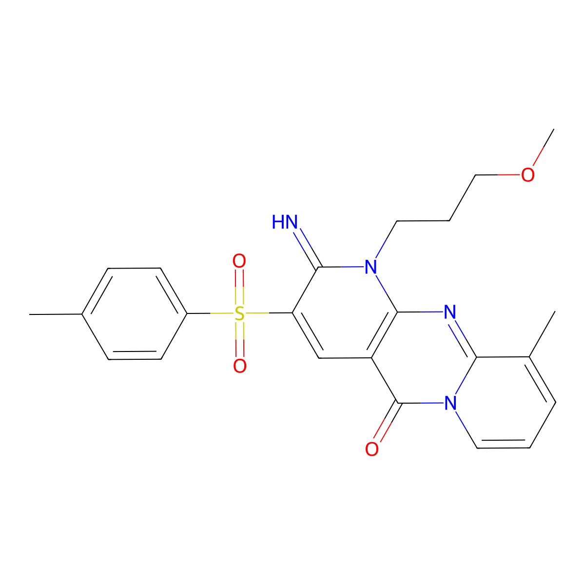 2-imino-1-(3-methoxypropyl)-10-methyl-3-[(4-methylphenyl)sulfonyl]-1,2-dihydro-5H-dipyrido[1,2-a:2',3'-d]pyrimidin-5-one molecular structure, CAS 606960-10-5