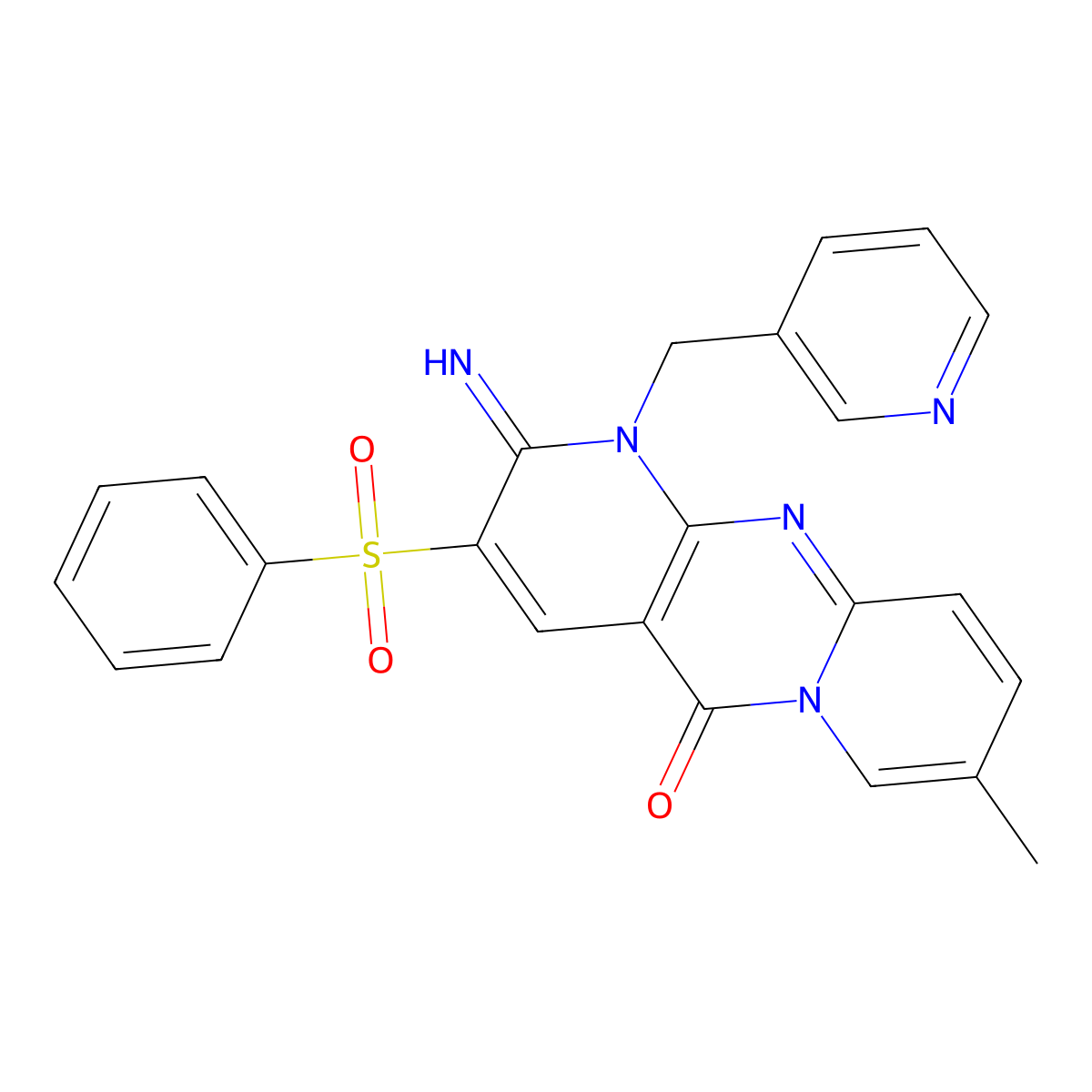 2-imino-8-methyl-3-(phenylsulfonyl)-1-(pyridin-3-ylmethyl)-1,2-dihydro-5H-dipyrido[1,2-a:2',3'-d]pyrimidin-5-one molecular structure, CAS 606960-18-3