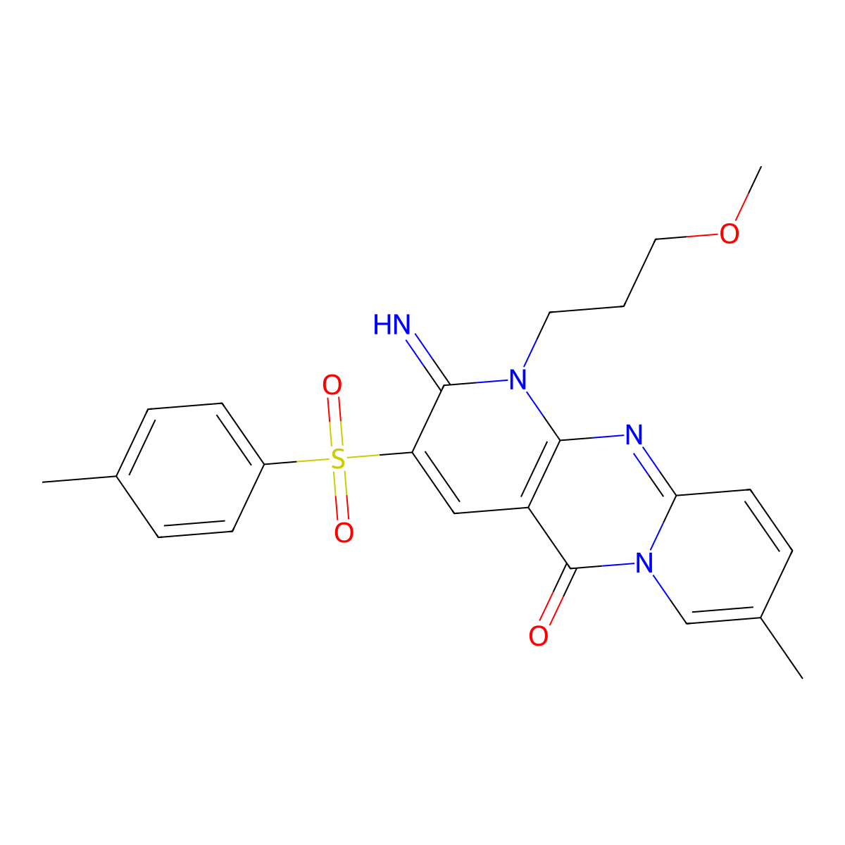 2-imino-1-(3-methoxypropyl)-8-methyl-3-[(4-methylphenyl)sulfonyl]-1,2-dihydro-5H-dipyrido[1,2-a:2,3-d]pyrimidin-5-one molecular structure, CAS 606960-41-2