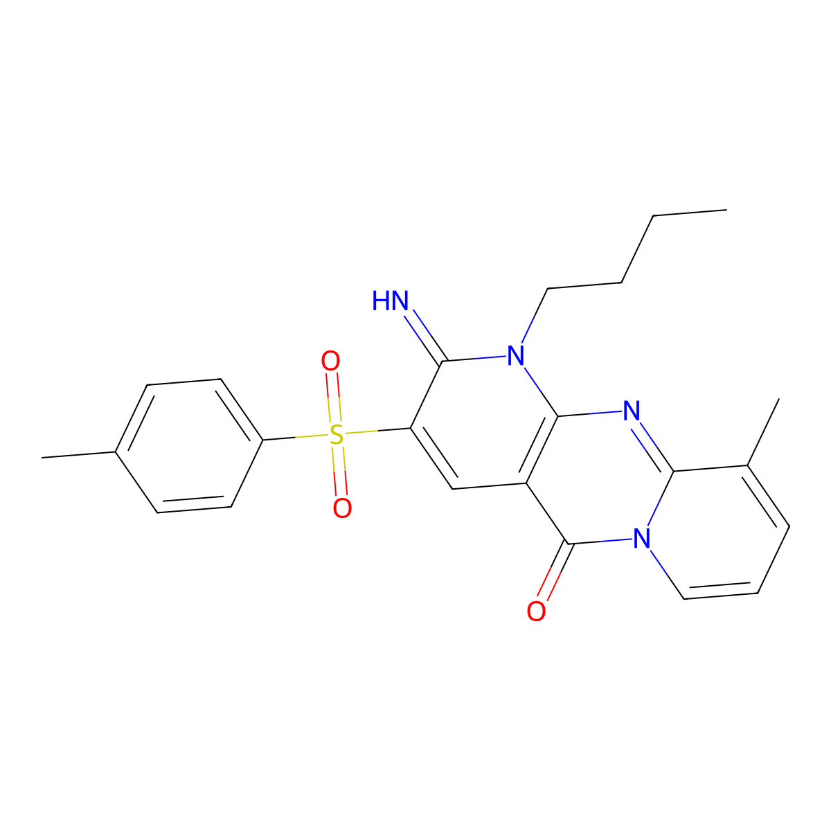 1-Butyl-2-imino-10-methyl-3-((4-methylphenyl)sulfonyl)-1,2-dihydro-5H-dipyrido(1,2-A:2,3-D)pyrimidin-5-one molecular structure, CAS 606961-68-6