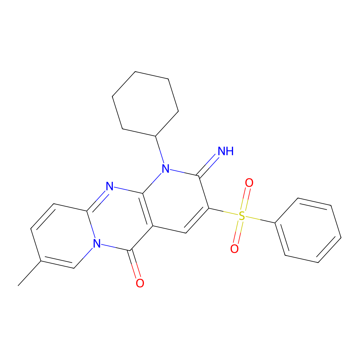 1-cyclohexyl-2-imino-8-methyl-3-(phenylsulfonyl)-1,2-dihydro-5H-dipyrido[1,2-a:2',3'-d]pyrimidin-5-one molecular structure, CAS 606963-44-4