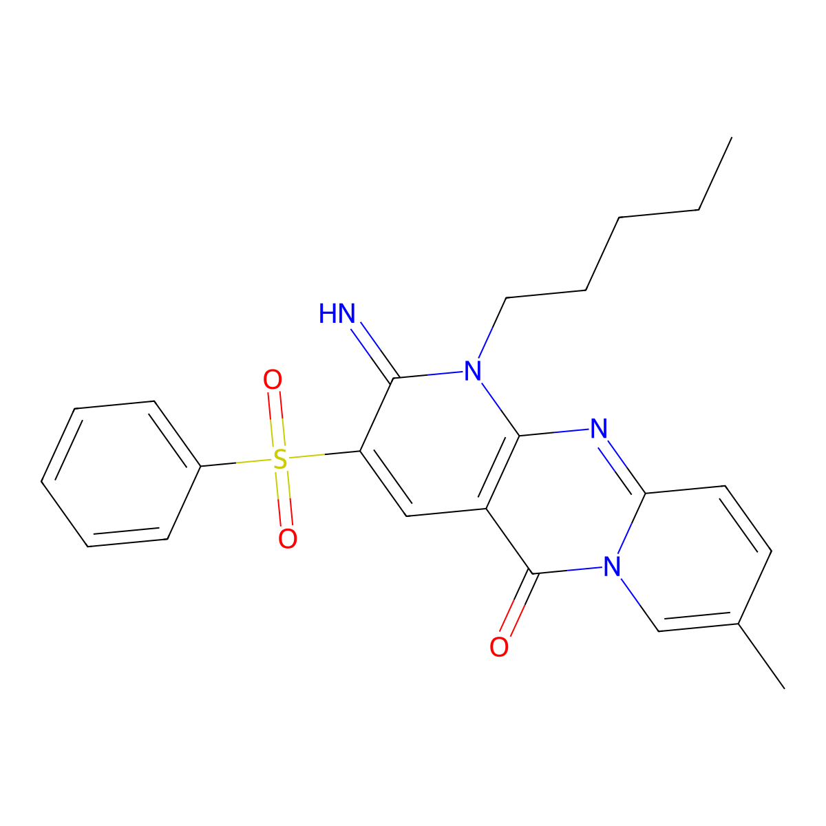 2-imino-8-methyl-1-pentyl-3-(phenylsulfonyl)-1,2-dihydro-5H-dipyrido[1,2-a:2',3'-d]pyrimidin-5-one molecular structure, CAS 606963-94-4