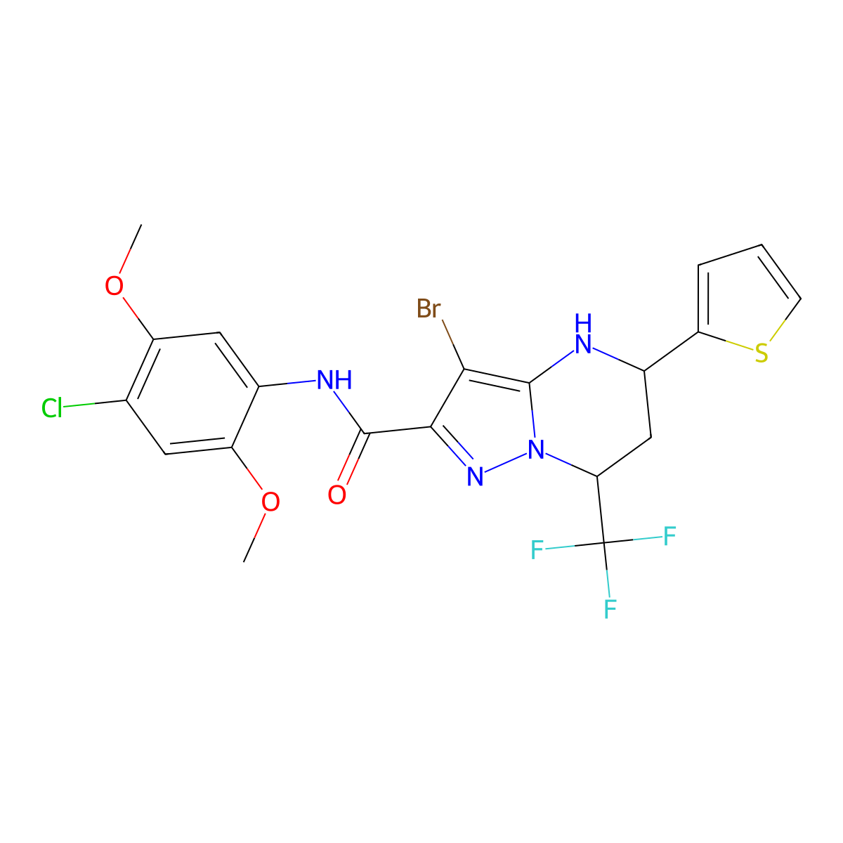 3-bromo-N-(4-chloro-2,5-dimethoxyphenyl)-5-(2-thienyl)-7-(trifluoromethyl)-4,5,6,7-tetrahydropyrazolo[1,5-a]pyrimidine-2-carboxamide molecular structure, CAS 6071-21-2