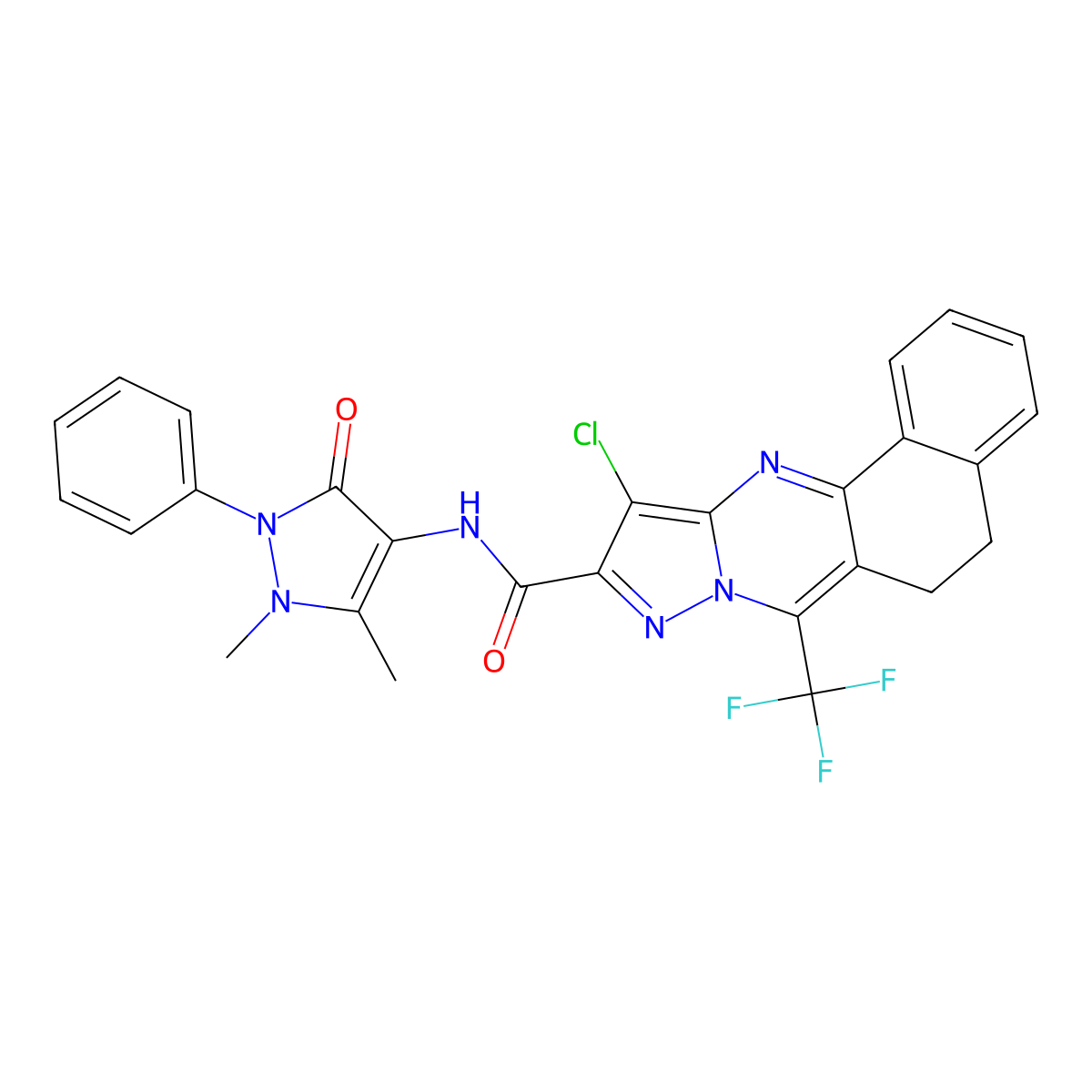 11-chloro-N-(1,5-dimethyl-3-oxo-2-phenyl-2,3-dihydro-1H-pyrazol-4-yl)-7-(trifluoromethyl)-5,6-dihydrobenzo[h]pyrazolo[5,1-b]quinazoline-10-carboxamide molecular structure, CAS 6071-76-7