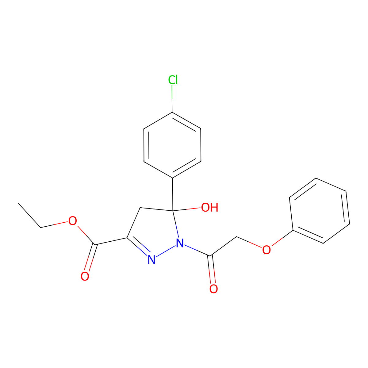 ethyl 5-(4-chlorophenyl)-5-hydroxy-1-(2-phenoxyacetyl)-4H-pyrazole-3-carboxylate molecular structure, CAS 6073-28-5