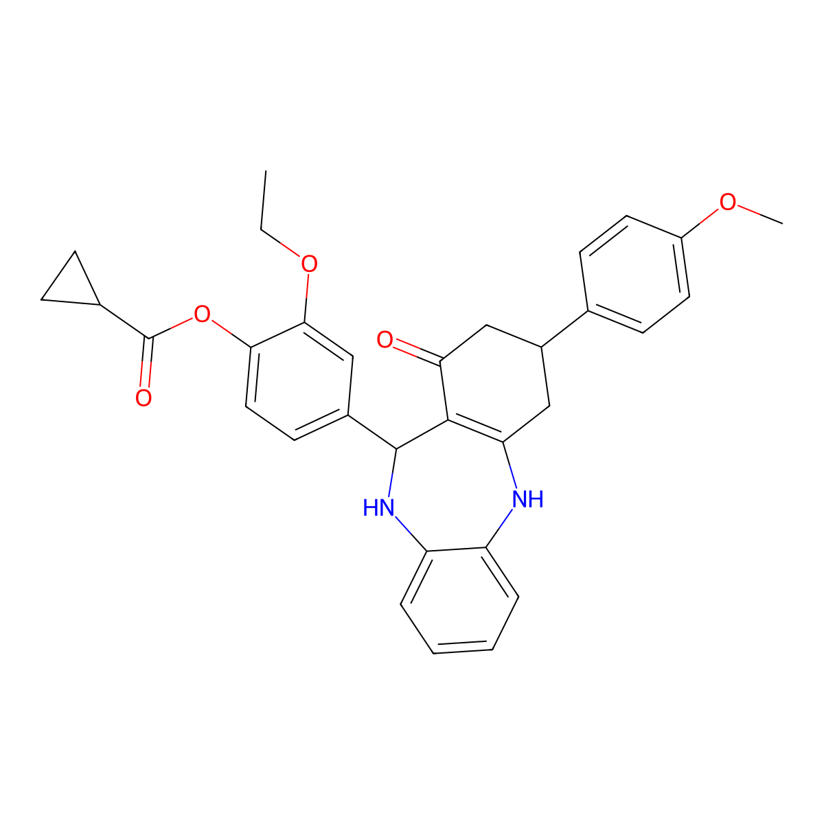 [2-Ethoxy-4-[9-(4-methoxyphenyl)-7-oxo-5,6,8,9,10,11-hexahydrobenzo[b][1,4]benzodiazepin-6-yl]phenyl] cyclopropanecarboxylate molecular structure, CAS 6073-66-1
