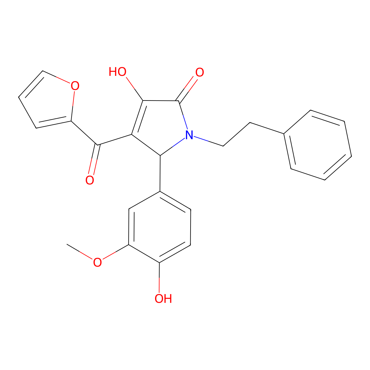4-(furan-2-carbonyl)-3-hydroxy-5-(4-hydroxy-3-methoxyphenyl)-1-(2-phenylethyl)-2,5-dihydro-1H-pyrrol-2-one molecular structure, CAS 607336-31-2