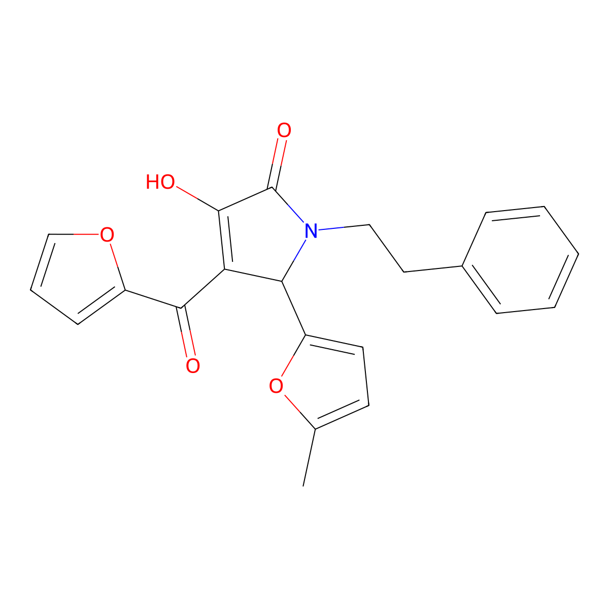 4-(furan-2-carbonyl)-3-hydroxy-5-(5-methylfuran-2-yl)-1-(2-phenylethyl)-2,5-dihydro-1H-pyrrol-2-one molecular structure, CAS 607336-56-1