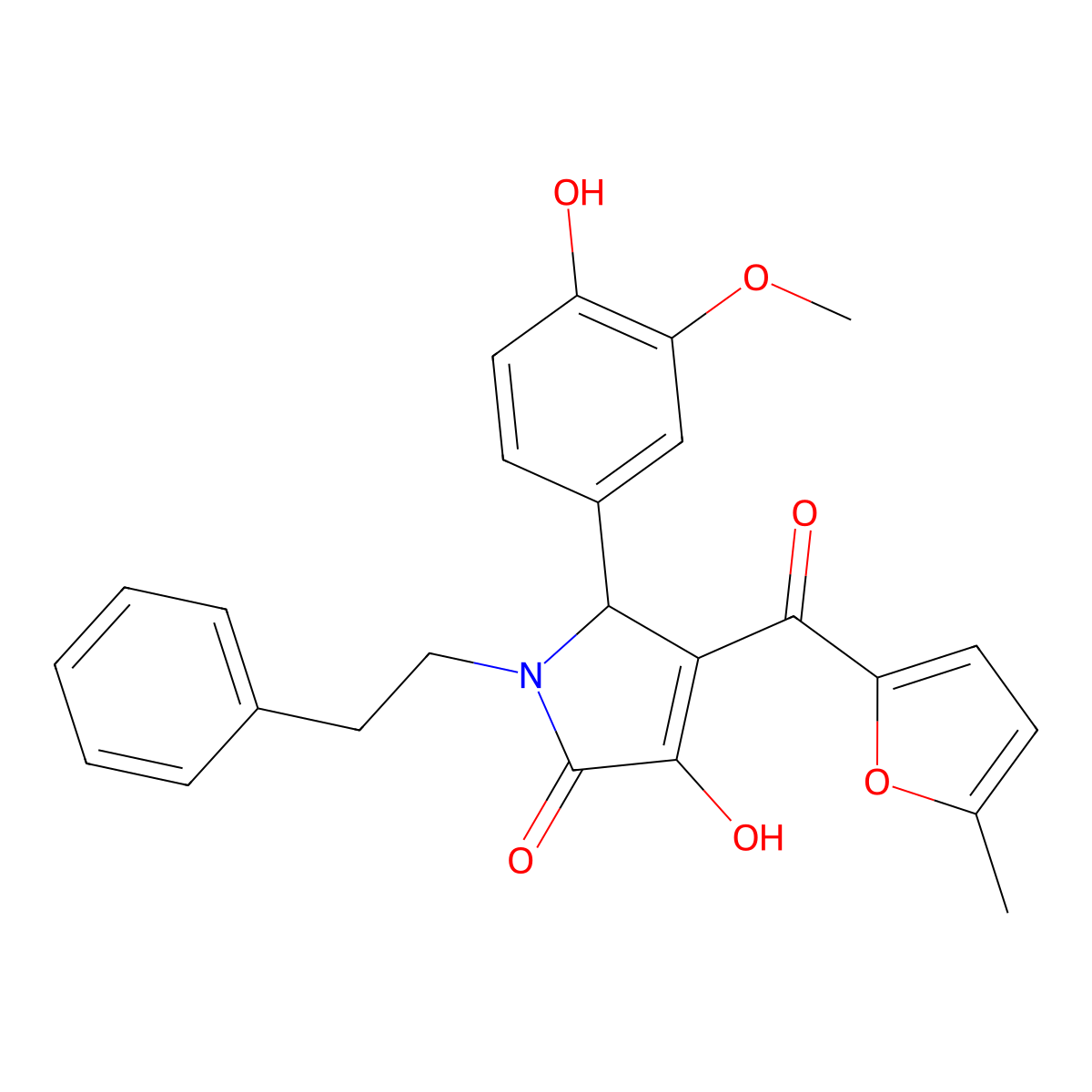 3-hydroxy-5-(4-hydroxy-3-methoxyphenyl)-4-(5-methylfuran-2-carbonyl)-1-(2-phenylethyl)-2,5-dihydro-1H-pyrrol-2-one molecular structure, CAS 607336-74-3