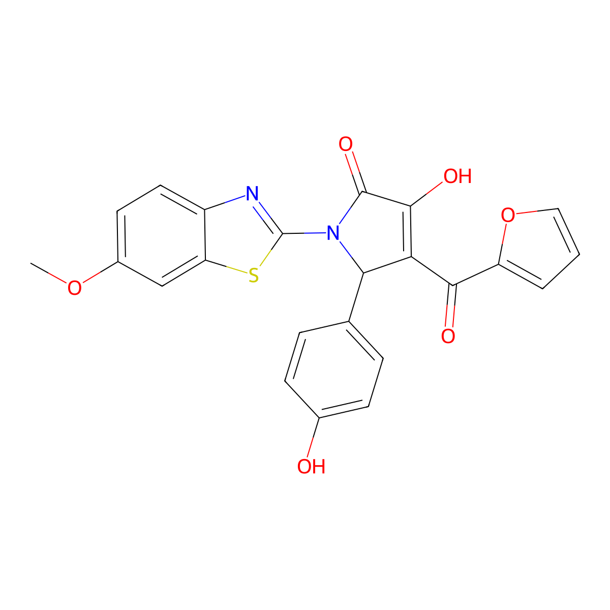 4-(Furan-2-carbonyl)-3-hydroxy-5-(4-hydroxy-phenyl)-1-(6-methoxy-benzothiazol-2-yl)-1,5-dihydro-pyrrol-2-one molecular structure, CAS 607339-51-5