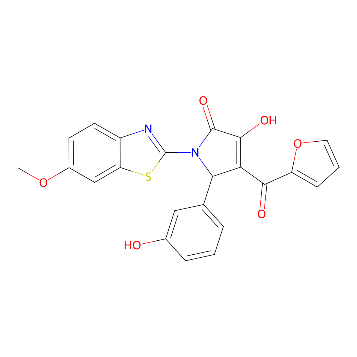 4-(furan-2-ylcarbonyl)-3-hydroxy-5-(3-hydroxyphenyl)-1-(6-methoxy-1,3-benzothiazol-2-yl)-1,5-dihydro-2H-pyrrol-2-one molecular structure, CAS 607339-73-1