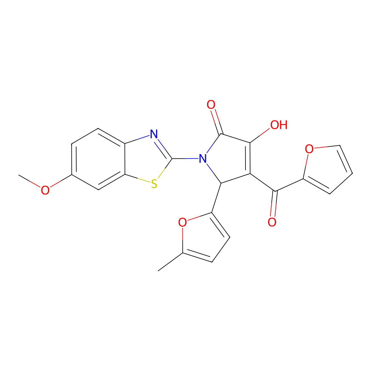 4-(Furan-2-carbonyl)-3-hydroxy-1-(6-methoxy-benzothiazol-2-yl)-5-(5-methyl-furan-2-yl)-1,5-dihydro-pyrrol-2-one molecular structure, CAS 607339-74-2