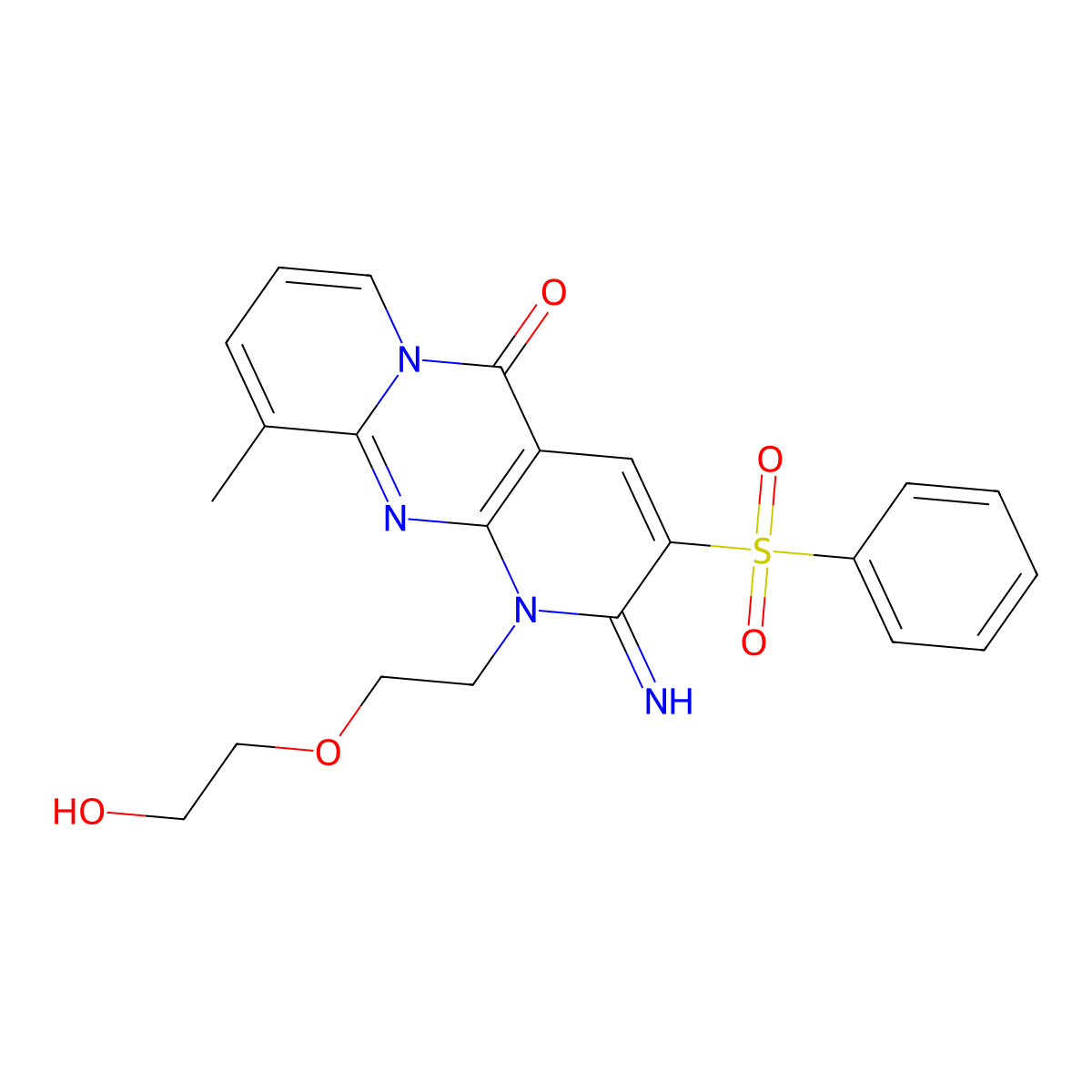 1-[2-(2-Hydroxyethoxy)ethyl]-2-imino-10-methyl-3-(phenylsulfonyl)-1,2-dihydro-5H-dipyrido[1,2-A:2,3-D]pyrimidin-5-one molecular structure, CAS 607383-61-9