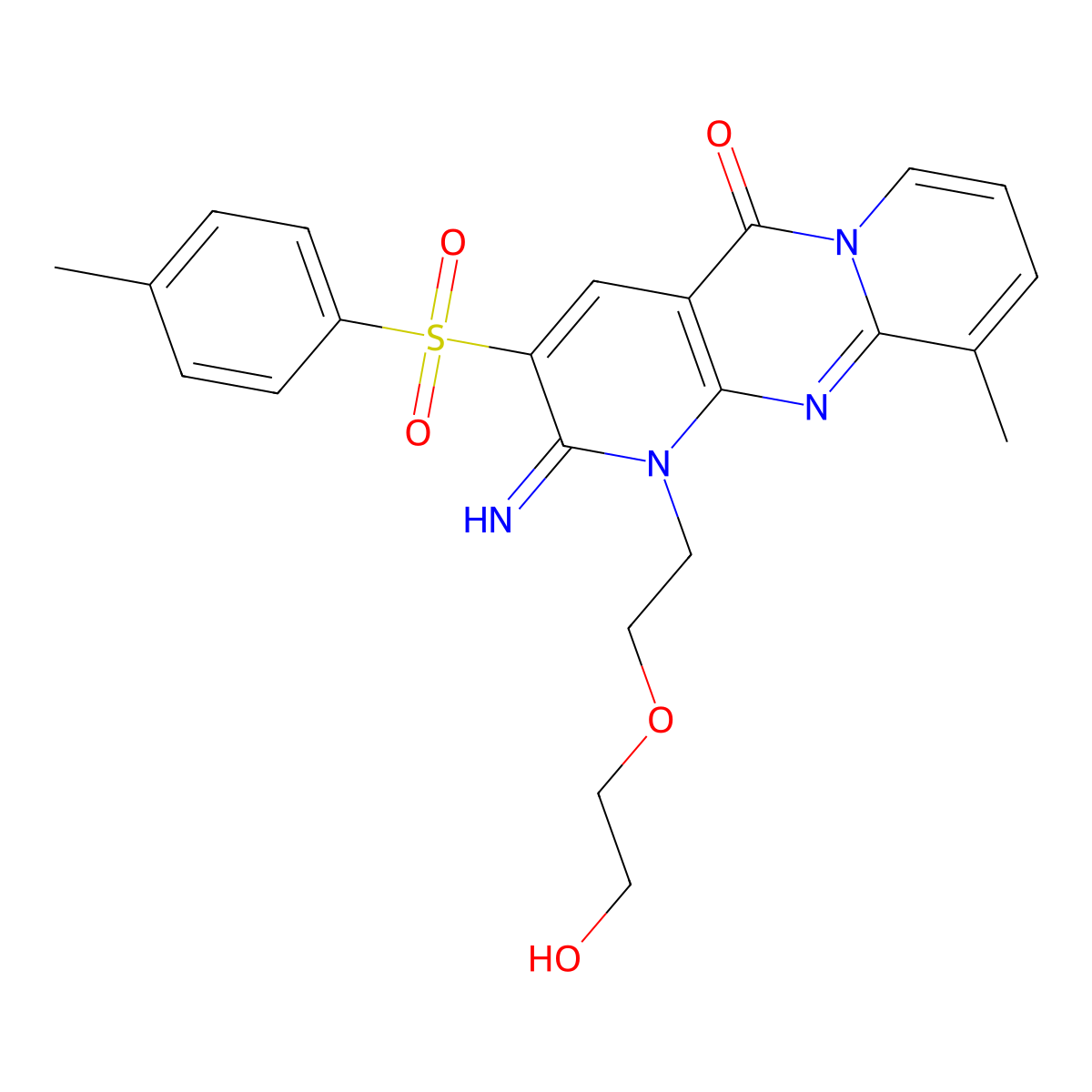 1-[2-(2-Hydroxyethoxy)ethyl]-2-imino-10-methyl-3-[(4-methylphenyl)sulfonyl]-1,2-dihydro-5H-dipyrido[1,2-A:2,3-D]pyrimidin-5-one molecular structure, CAS 607384-09-8
