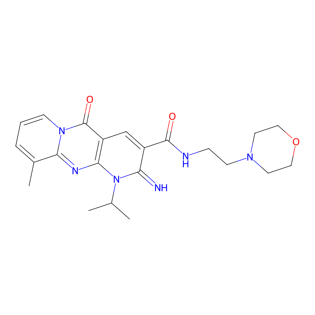 6-imino-11-methyl-N-[2-(morpholin-4-yl)ethyl]-2-oxo-7-(propan-2-yl)-1,7,9-triazatricyclo[8.4.0.0^{3,8}]tetradeca-3(8),4,9,11,13-pentaene-5-carboxamide molecular structure, CAS 607384-77-0
