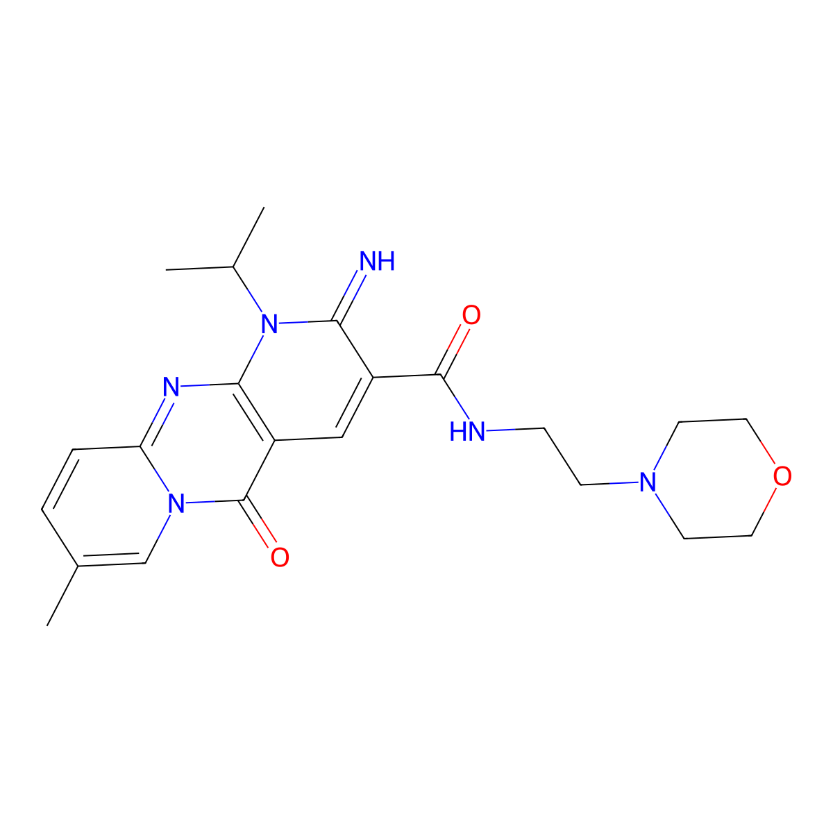 2-imino-1-isopropyl-8-methyl-N-(2-morpholin-4-ylethyl)-5-oxo-1,5-dihydro-2H-dipyrido[1,2-a:2',3'-d]pyrimidine-3-carboxamide molecular structure, CAS 607384-88-3