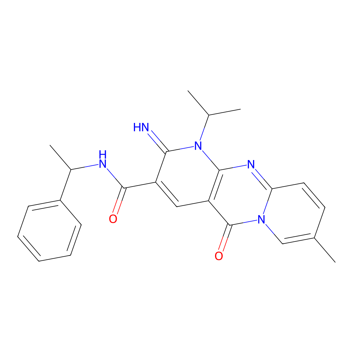 6-imino-13-methyl-2-oxo-N-(1-phenylethyl)-7-propan-2-yl-1,7,9-triazatricyclo[8.4.0.03,8]tetradeca-3(8),4,9,11,13-pentaene-5-carboxamide molecular structure, CAS 607385-19-3