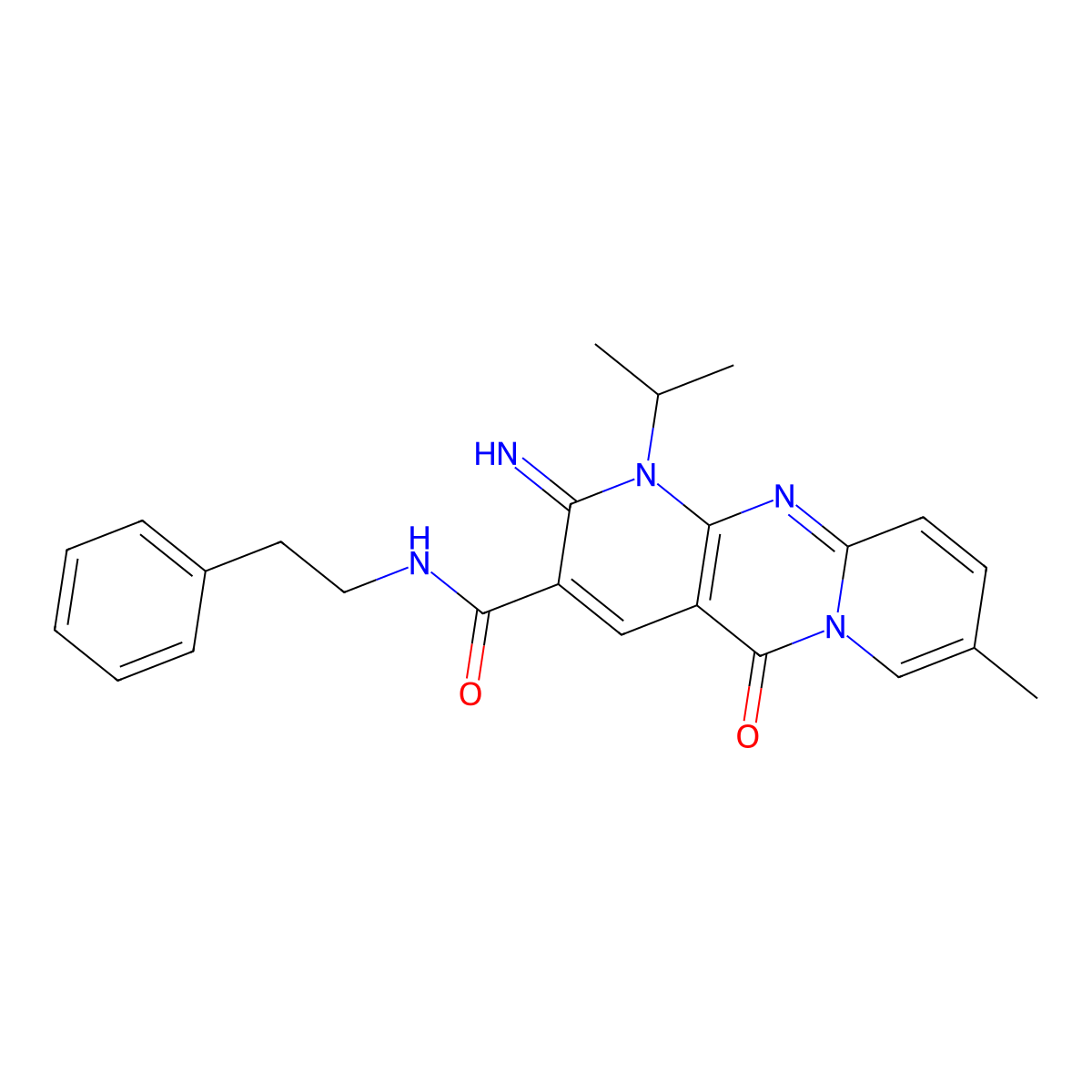 6-imino-13-methyl-2-oxo-N-(2-phenylethyl)-7-(propan-2-yl)-1,7,9-triazatricyclo[8.4.0.0^{3,8}]tetradeca-3(8),4,9,11,13-pentaene-5-carboxamide molecular structure, CAS 607385-52-4